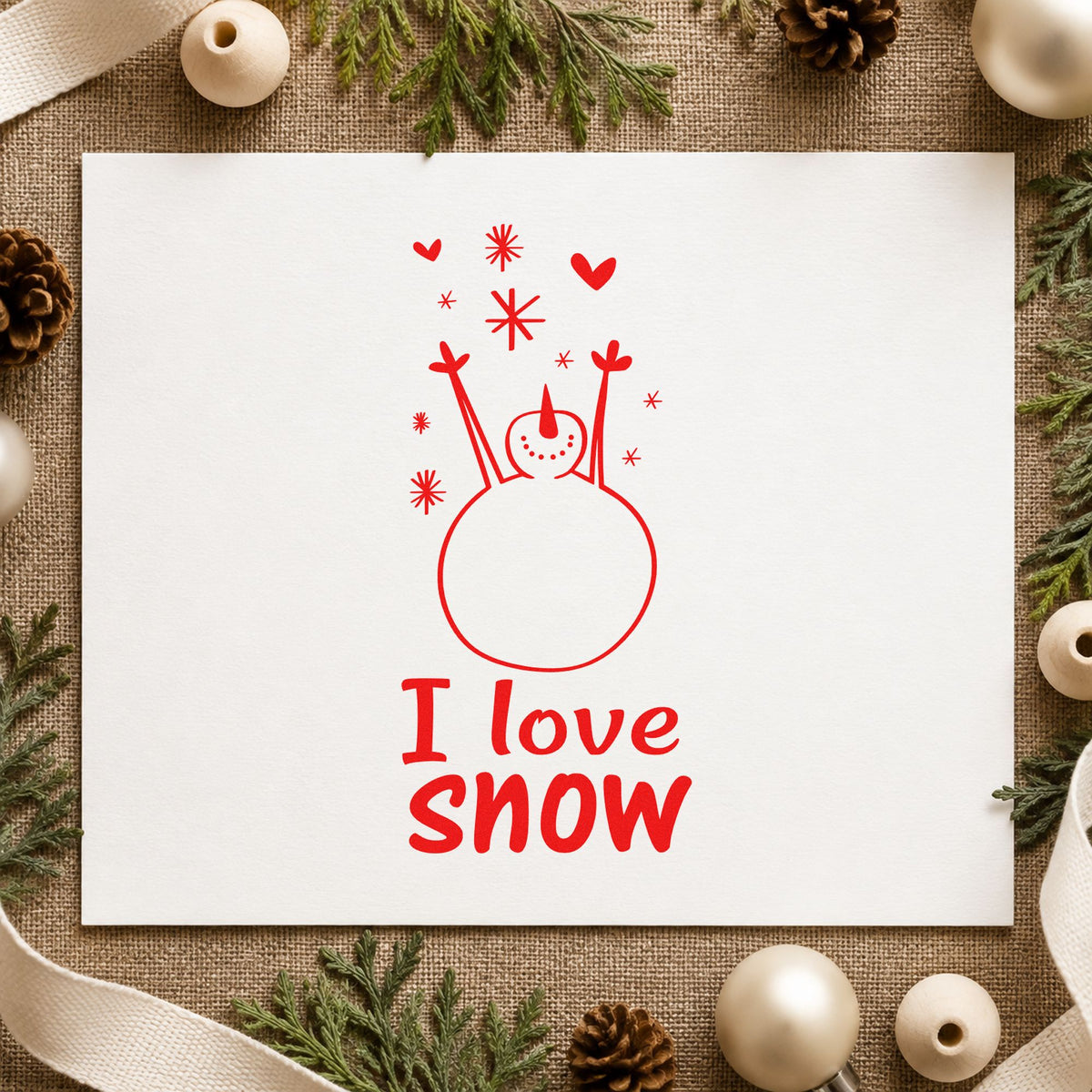 I Love Snow Snowman rubber stamp shown in red ink, stamped for projects such as snow day notes.