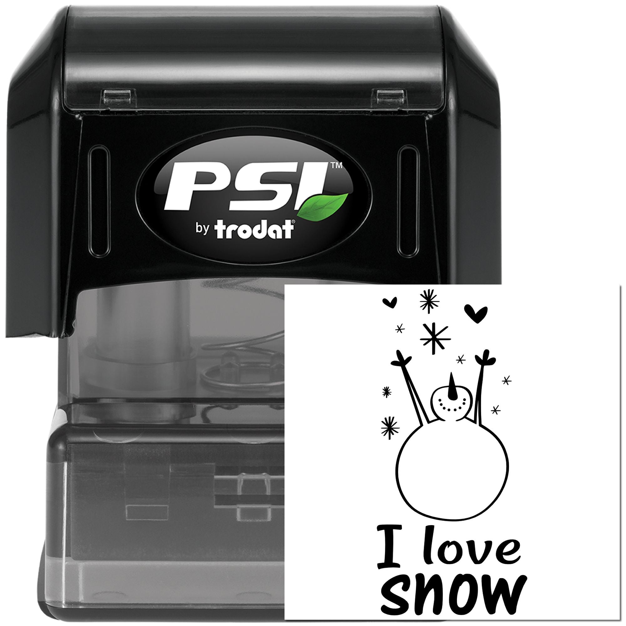 PSI by Trodat self-inking rubber stamp featuring I Love Snow snowman design for winter crafts, cards, and custom stamping.