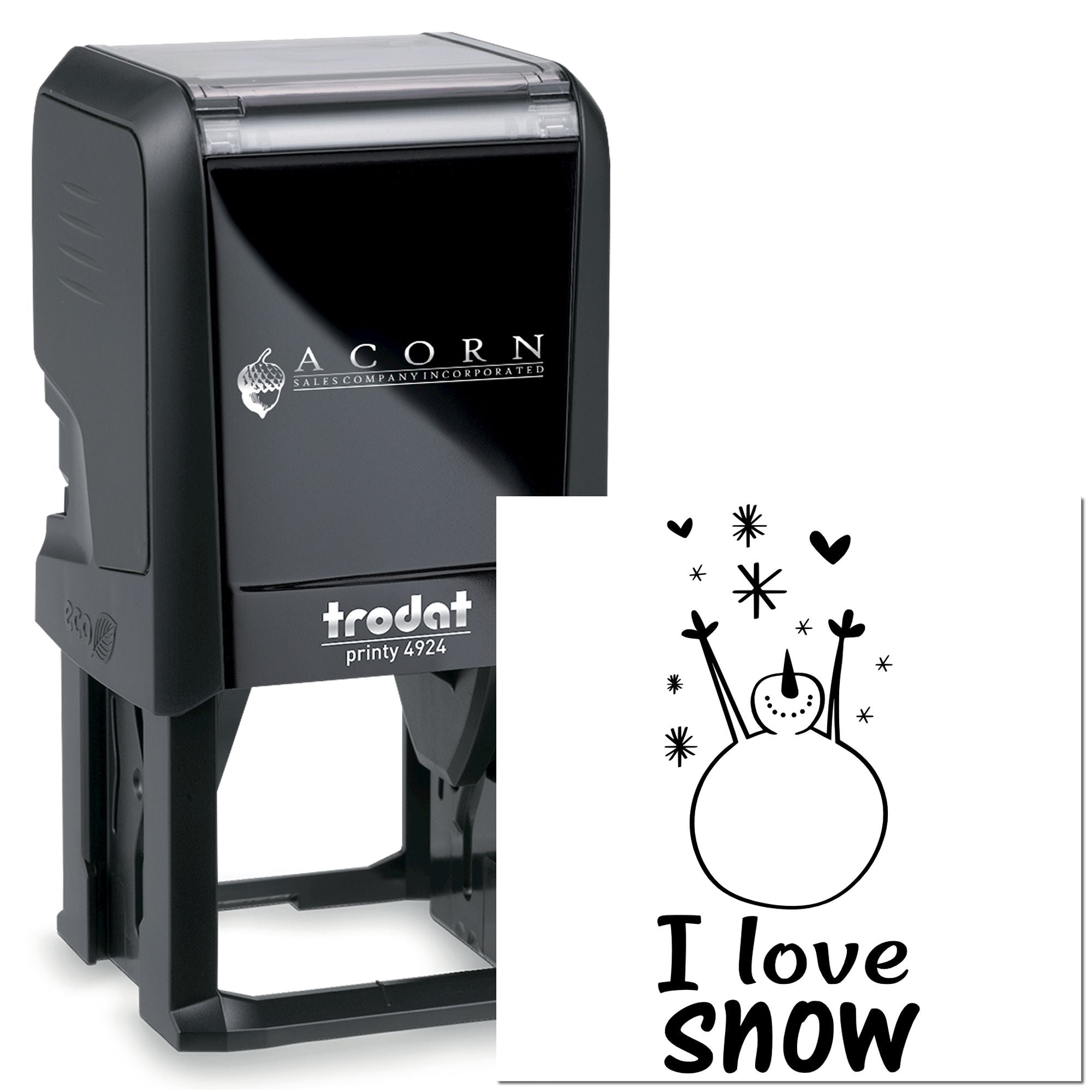 Custom self-inking rubber stamp Trodat Printy 4924 with I love snow snowman design for winter crafts and packaging
