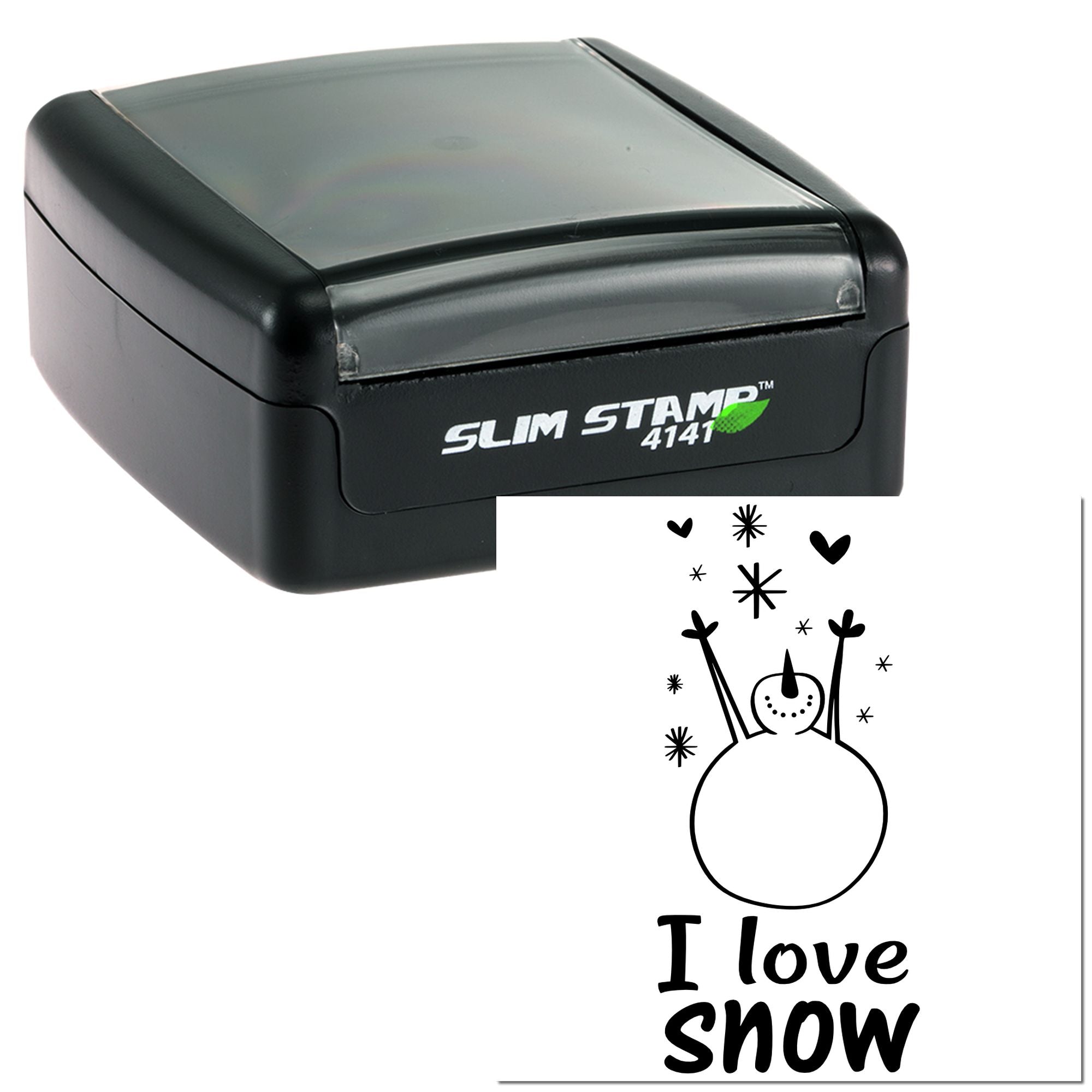 Slim Stamp 4141 self-inking rubber stamp with I Love Snow snowman design imprint sample