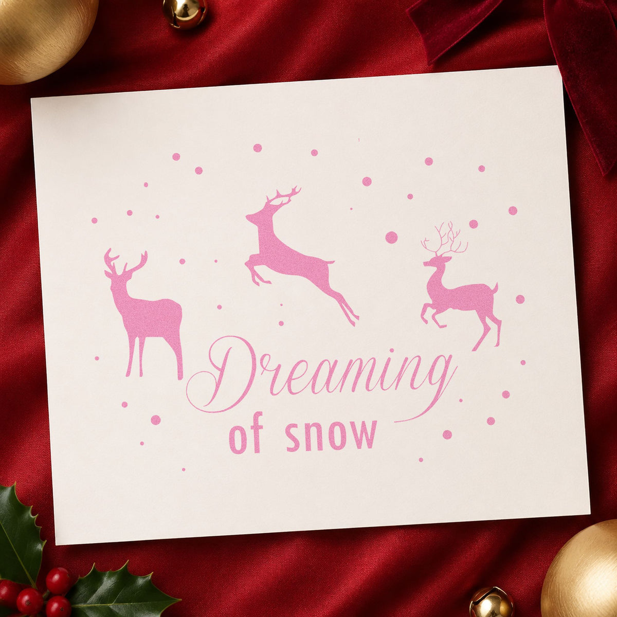 Dreaming Of Snow Reindeer craft stamp in purple ink on cardstock, an easy option for woodland walk tags.