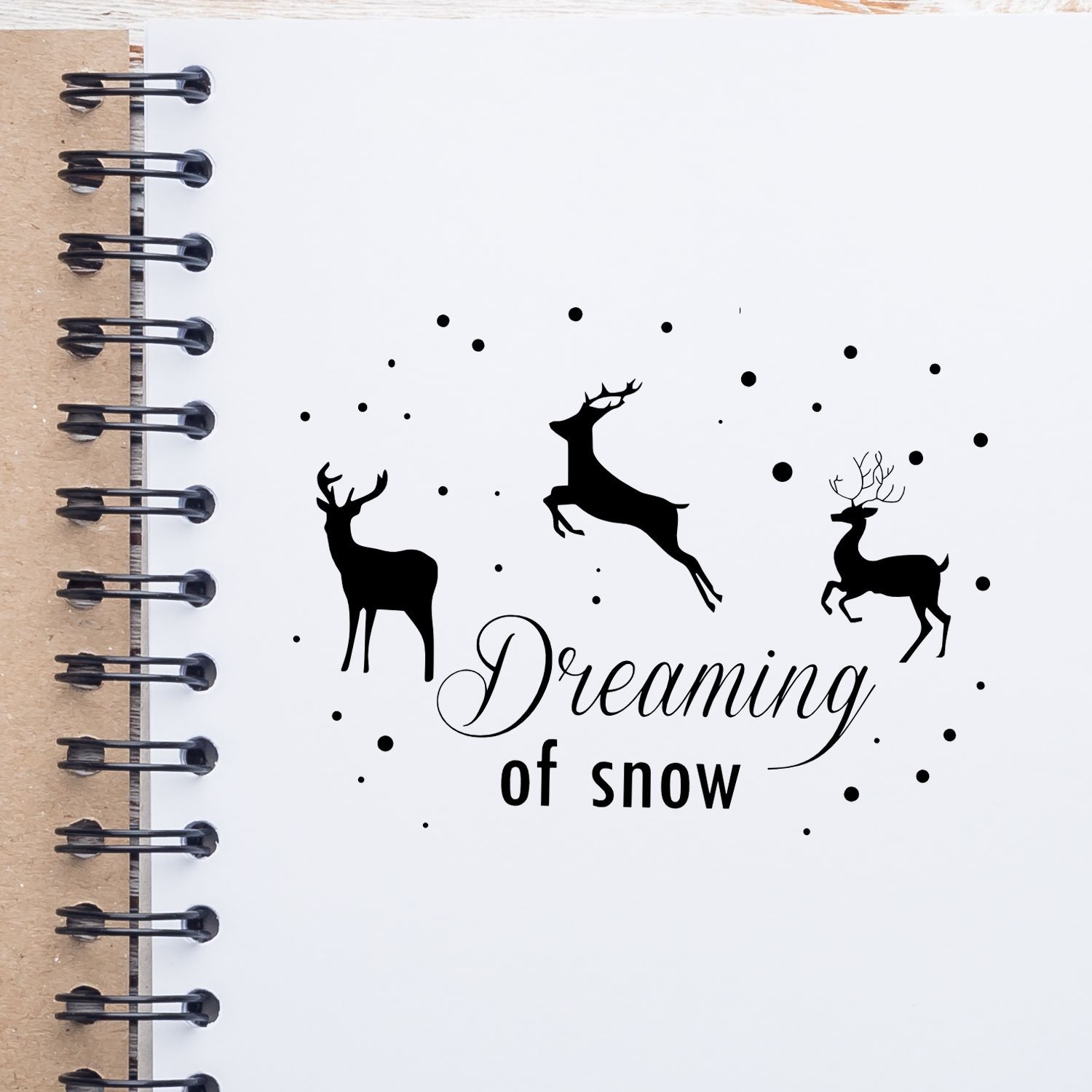 Rubber stamp design with three deer silhouettes and Dreaming of snow text, perfect for winter cardmaking and holiday journaling.