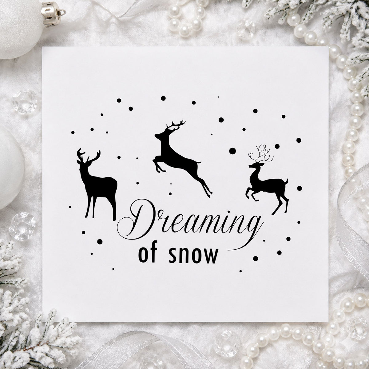 Dreaming Of Snow Reindeer rubber stamp printed in black ink, ready for three reindeer cards and similar paper crafts.