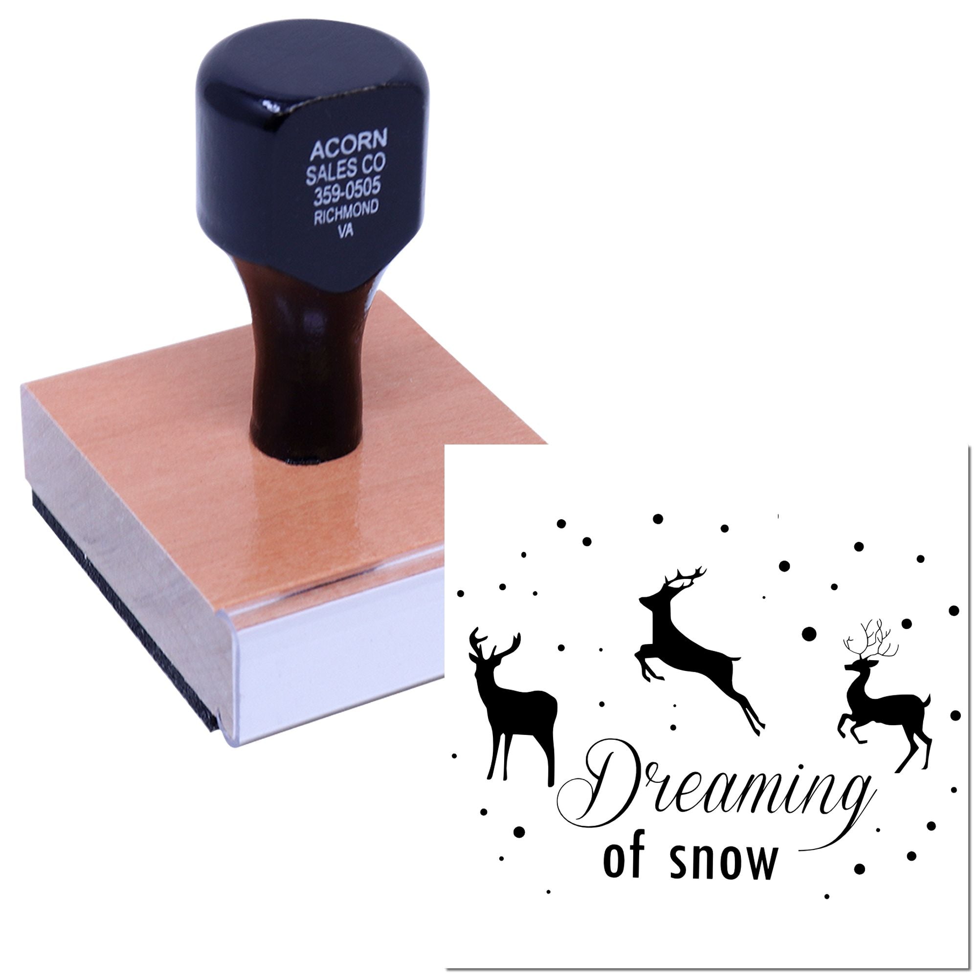 Custom rubber stamp with Dreaming of snow deer design for winter holiday cards, scrapbooking, and crafts.