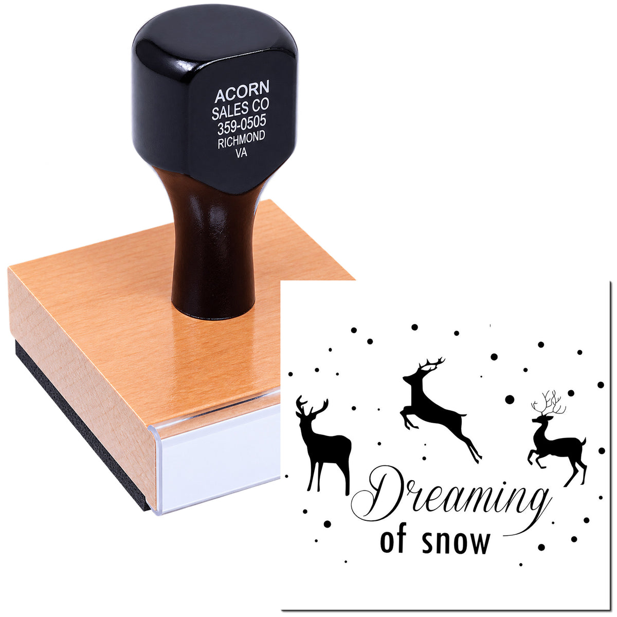 Custom rubber stamp with Dreaming of snow deer design for winter holiday cards, scrapbooking, and crafts.