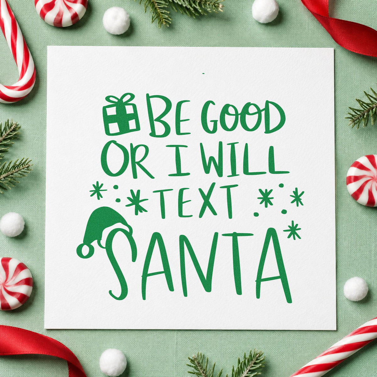 Be Good Text Santa Rubber Stamp – Duo Hand in use 3