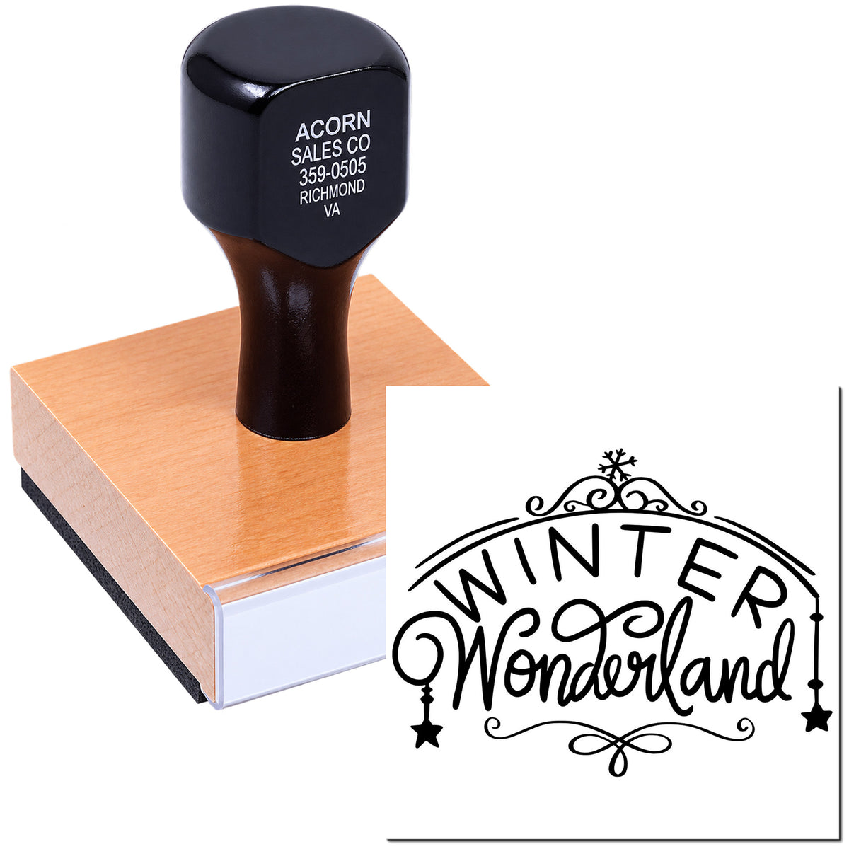 Custom rubber stamp featuring a Winter Wonderland holiday logo for event branding and crafting