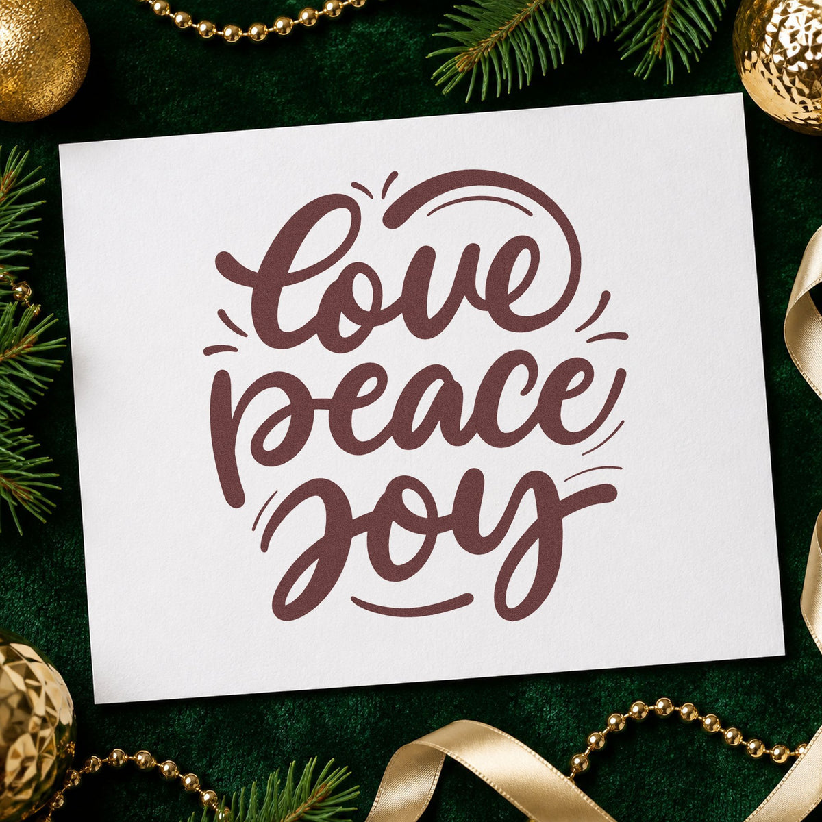 Love Peace Joy Script rubber stamp printed in brown ink, ready for candle ring labels and similar paper crafts.