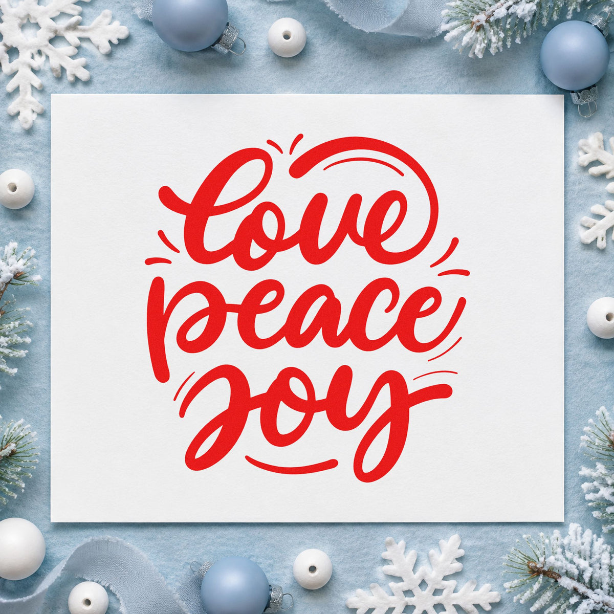 Love Peace Joy Script craft stamp in red ink on cardstock, an easy option for banner strip panels.
