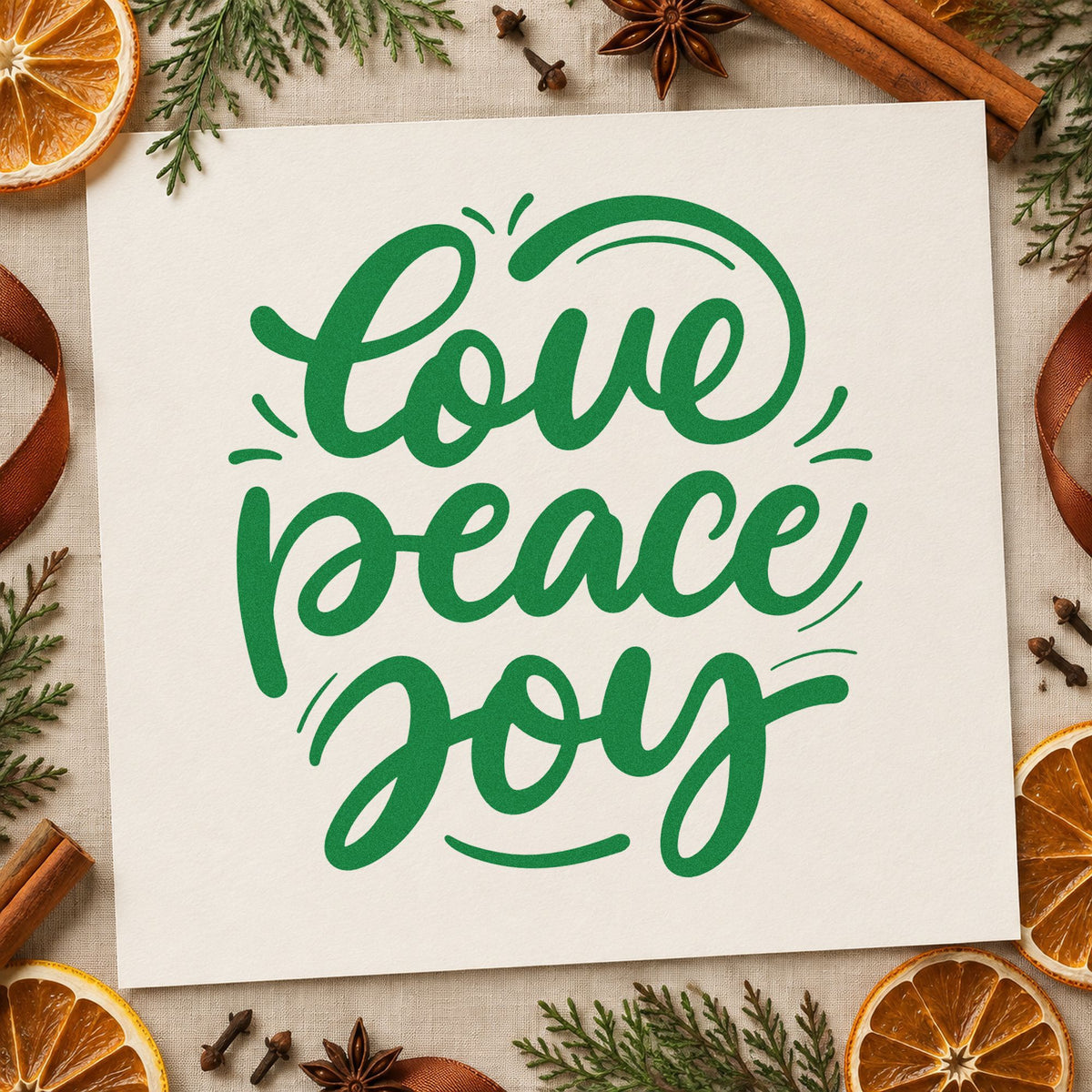 Love Peace Joy Script craft stamp imprinted in green ink on paper, a design suited to wreath box seals.