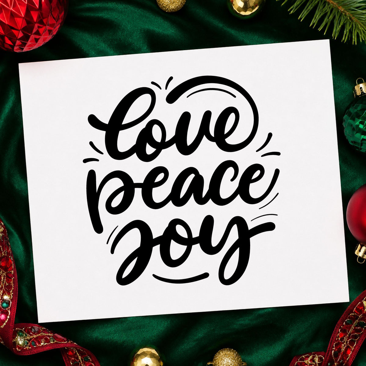Love Peace Joy Script rubber stamp printed in black ink, ready for three stacked cards and similar paper crafts.
