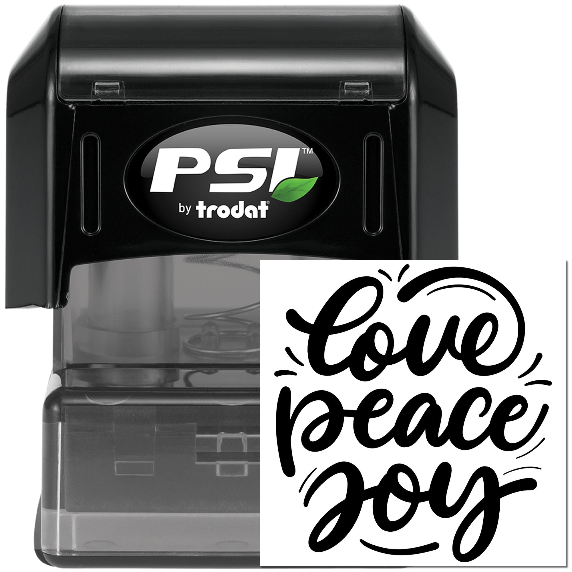 PSI by Trodat self-inking rubber stamp with Love Peace Joy design for inspirational DIY crafts and paper projects