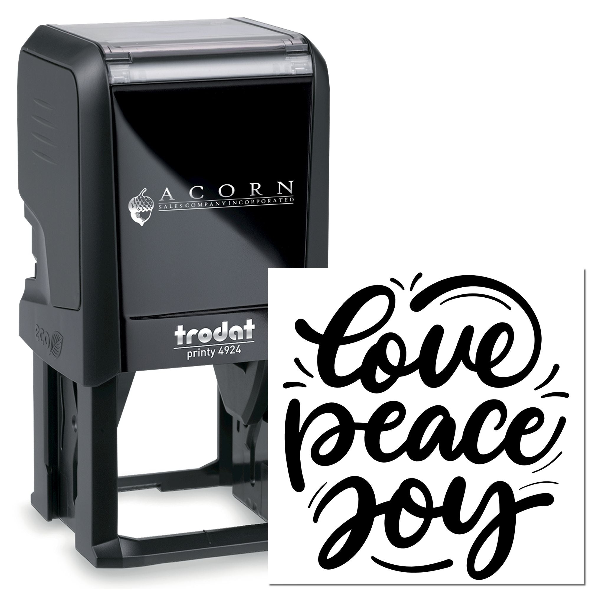 Self-inking rubber stamp with love peace joy design for cards, crafts, and handmade packaging.