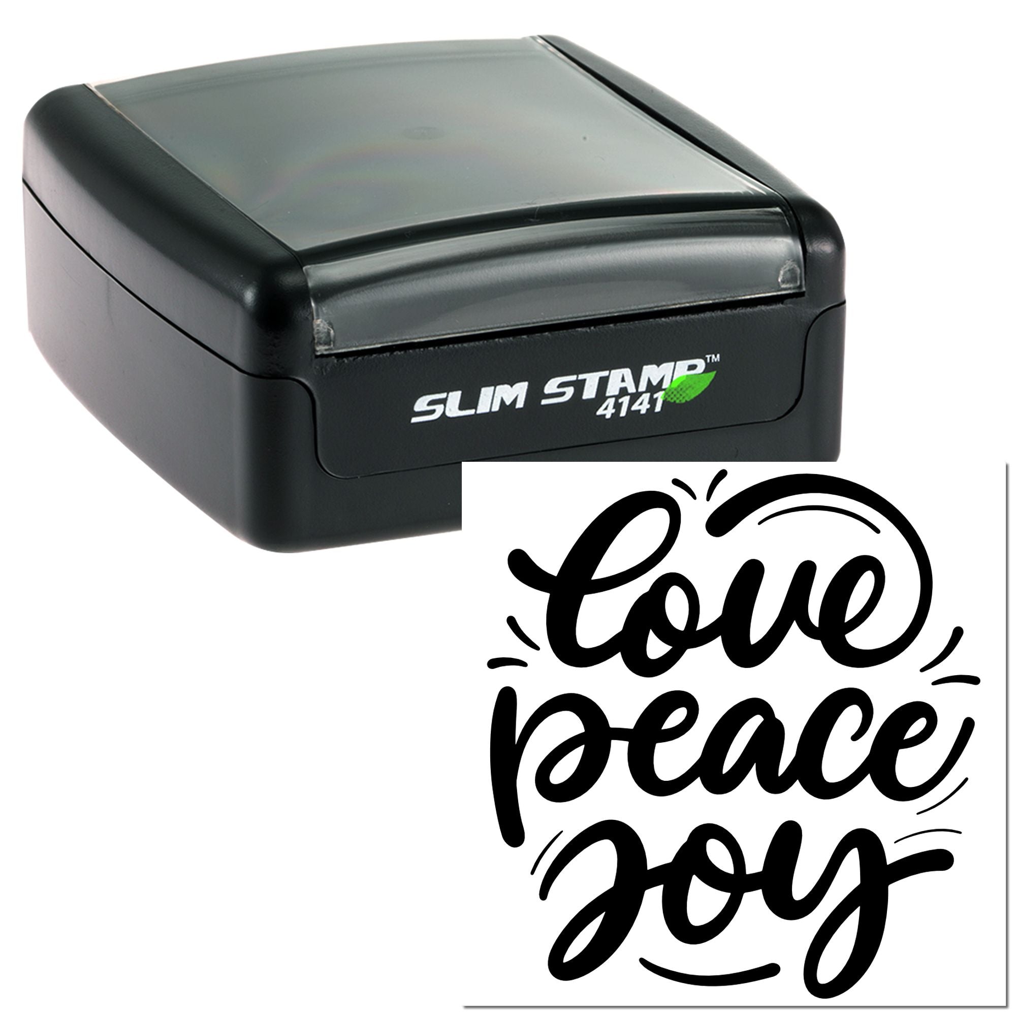 Slim self-inking rubber stamp with Love Peace Joy design for crafts, card making, and faith-inspired paper projects.
