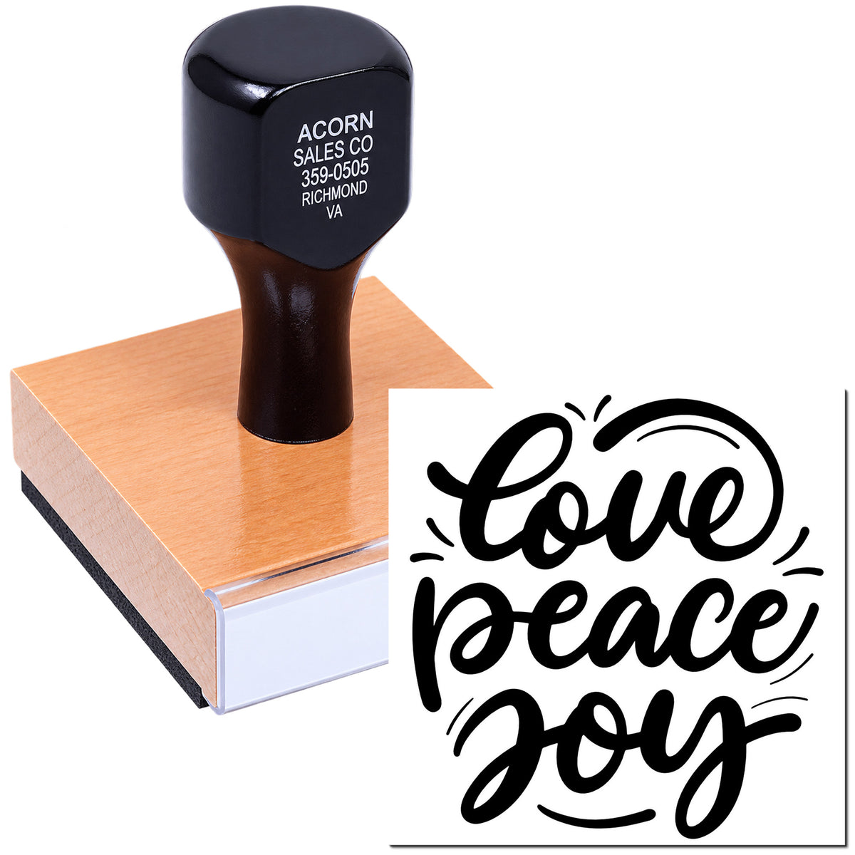 Custom rubber stamp with personalized business imprint and love peace dog design for crafts and branding.