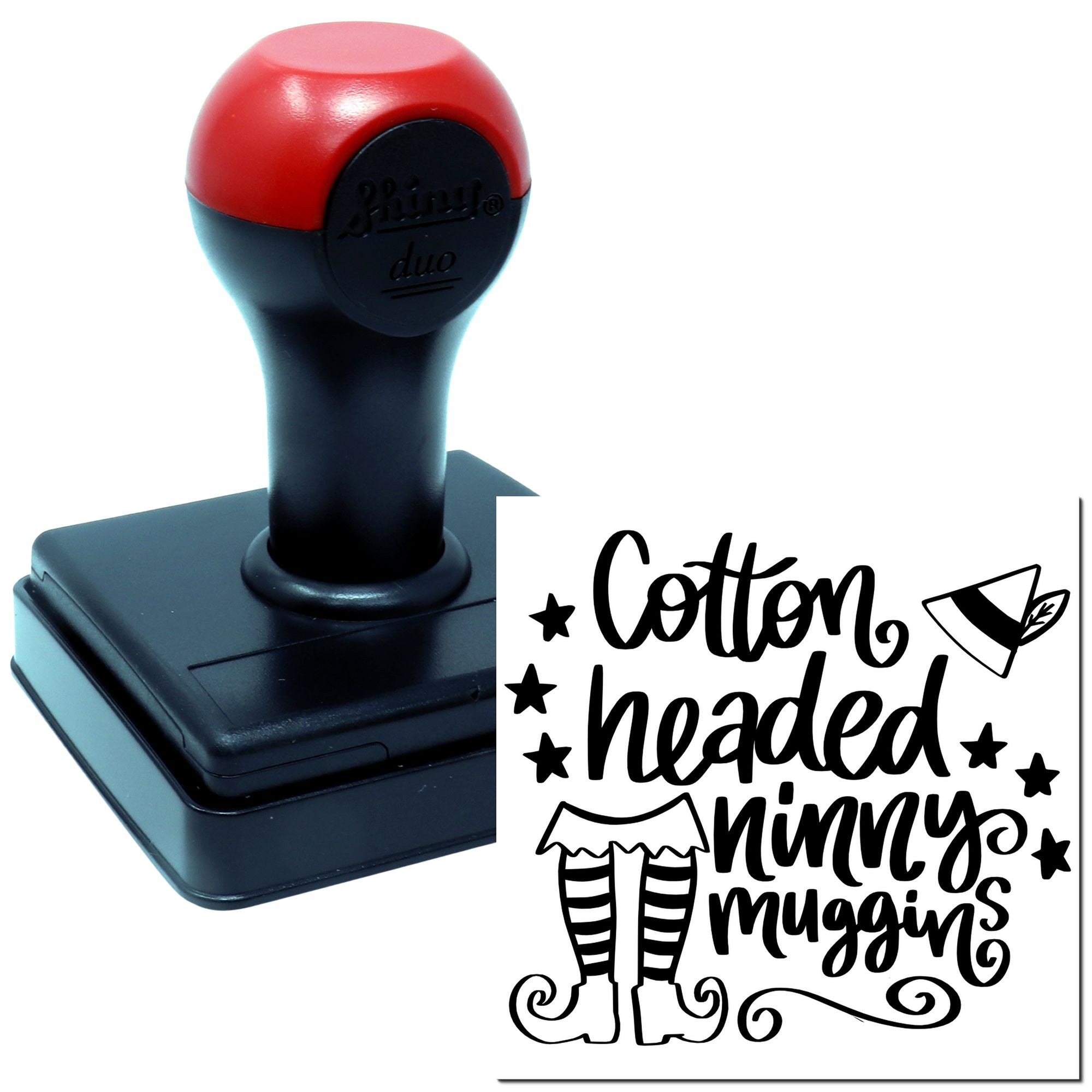 Self-inking rubber stamp featuring Cotton Headed Ninny Muggins, a funny Elf-inspired holiday stamp for crafts and packaging.