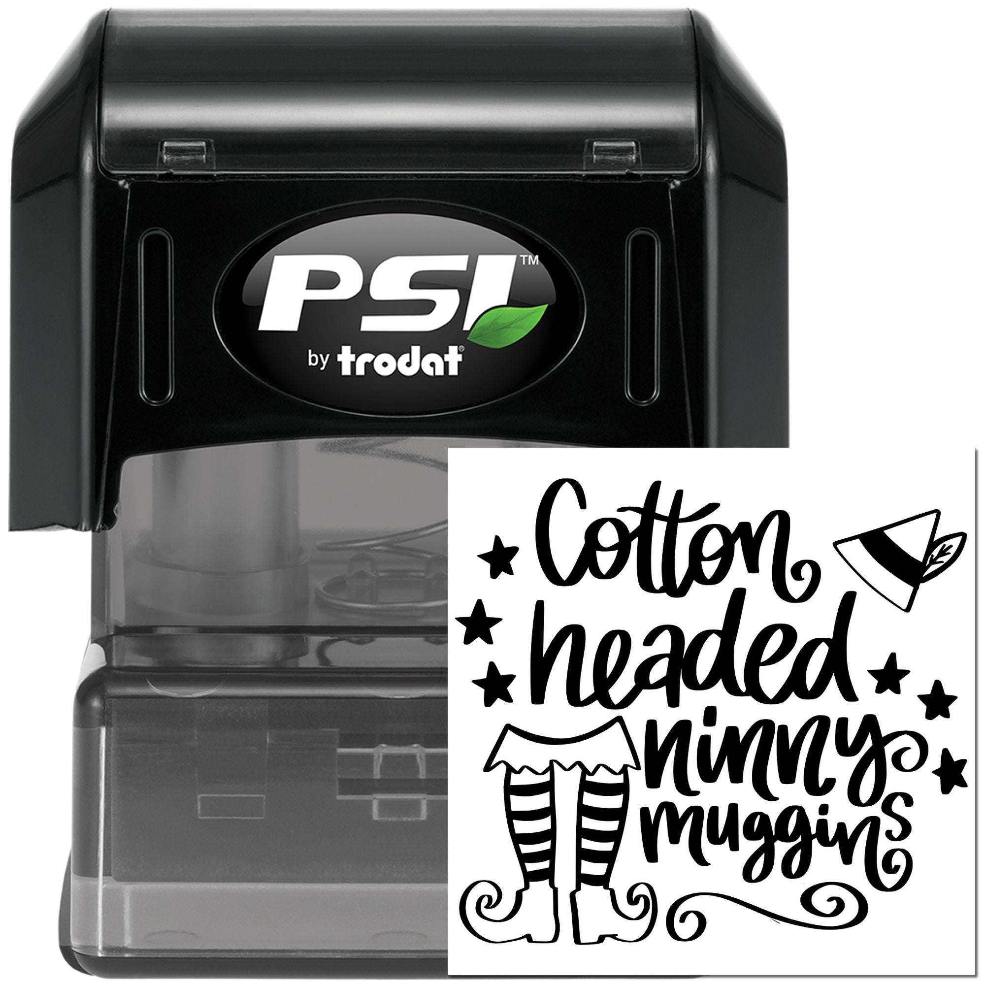 PSI by Trodat self-inking rubber stamp showing Cotton Headed Ninny Muggins elf design