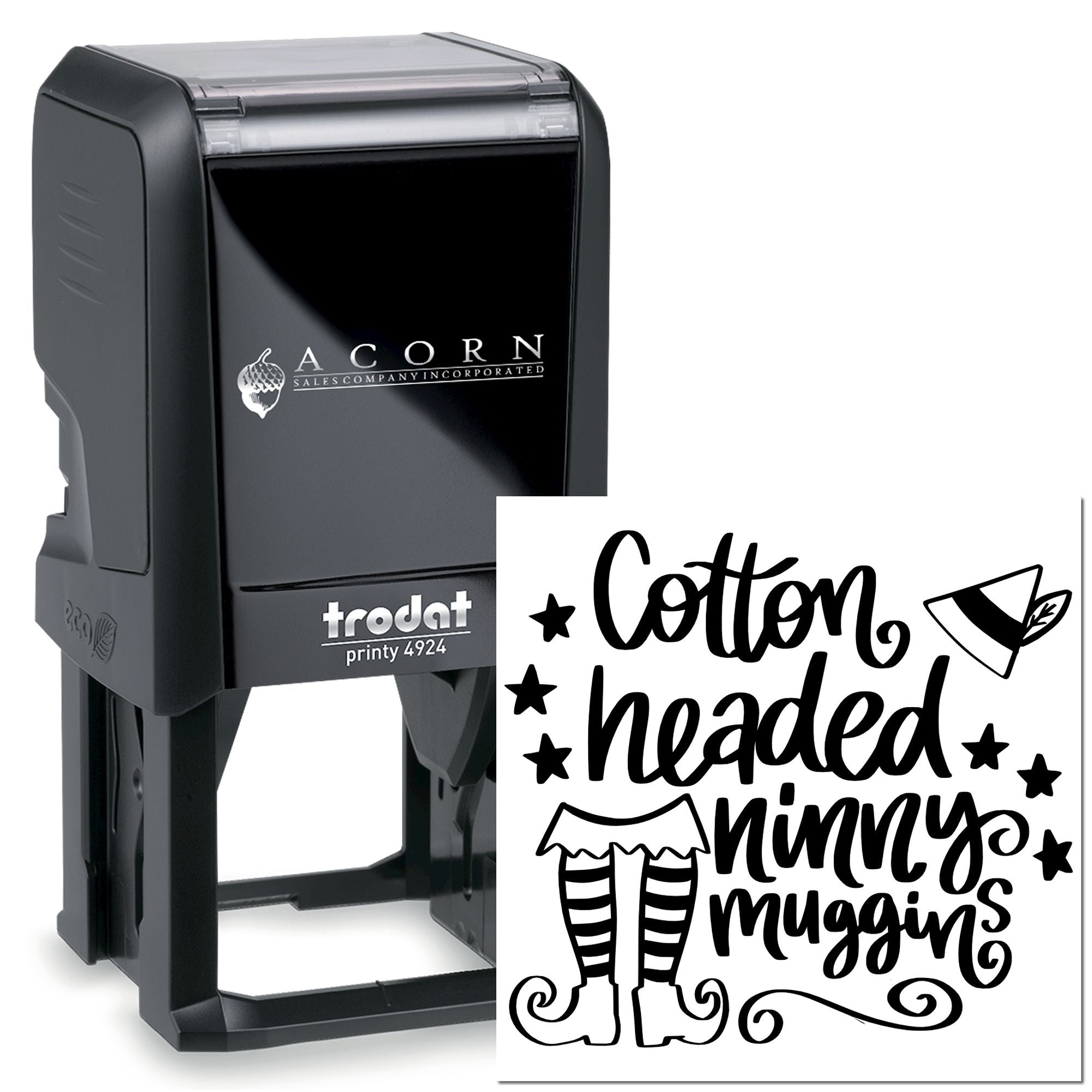 Custom self-inking rubber stamp with Cotton Headed Niny Muggins design, Trodat Printy 4924 personalized stamp.