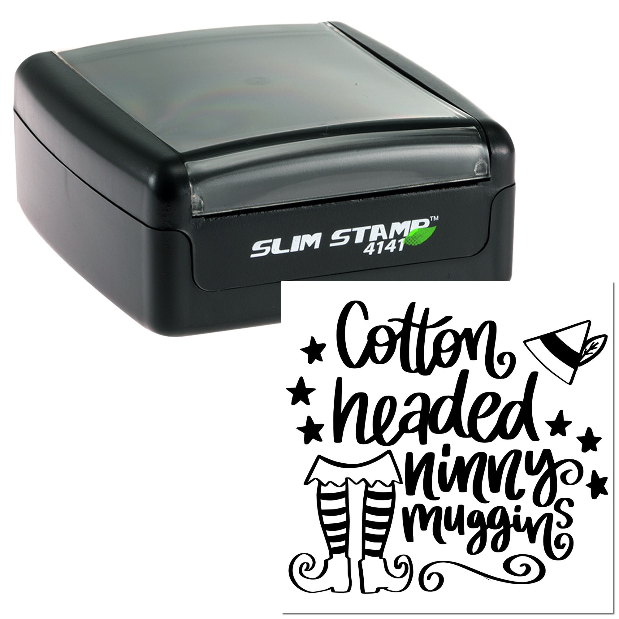 Slim self-inking rubber stamp with Cotton headed ninny muggins holiday elf design for festive crafting and custom stamping.