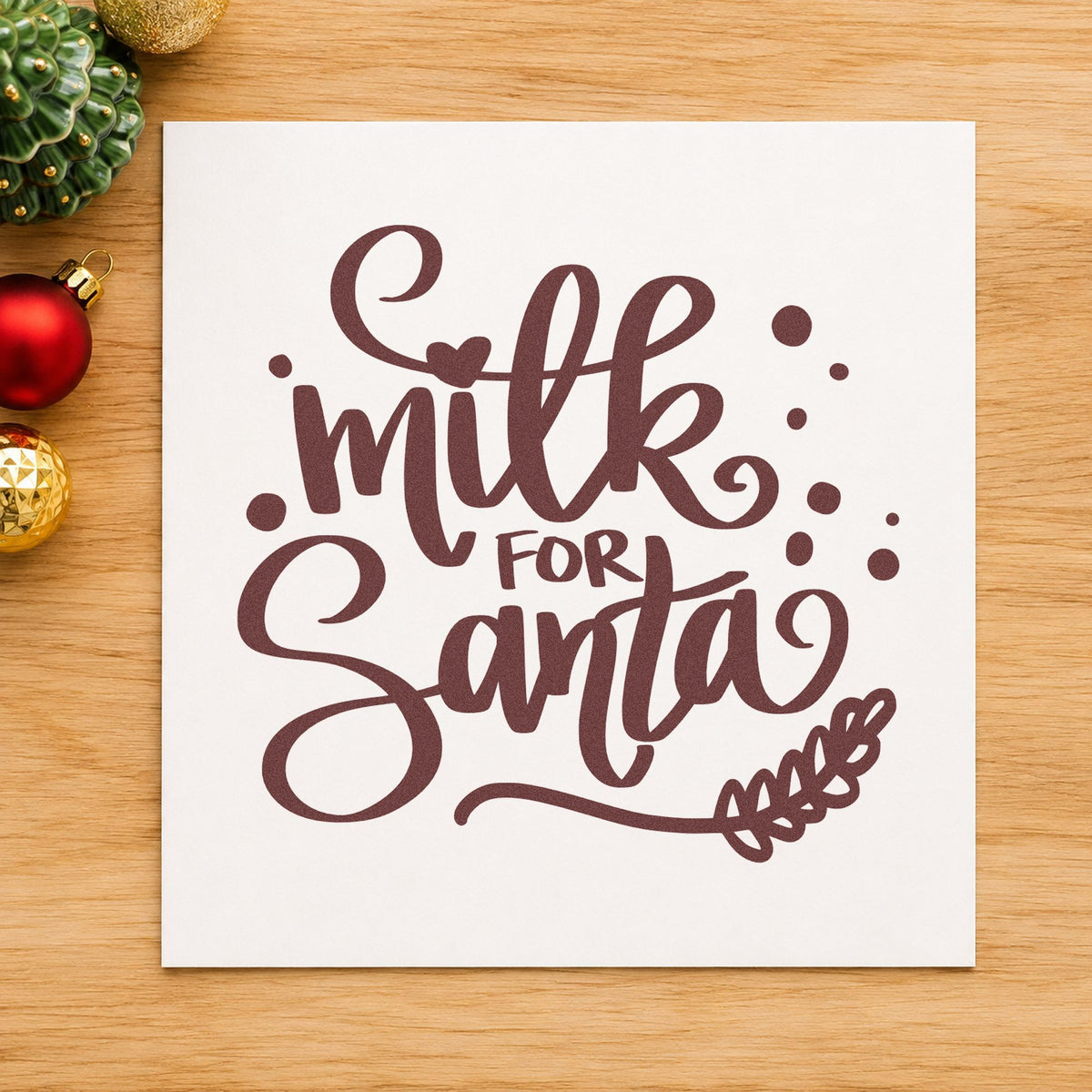 Milk For Santa rubber stamp printed in brown ink, ready for glass base labels and similar paper crafts.