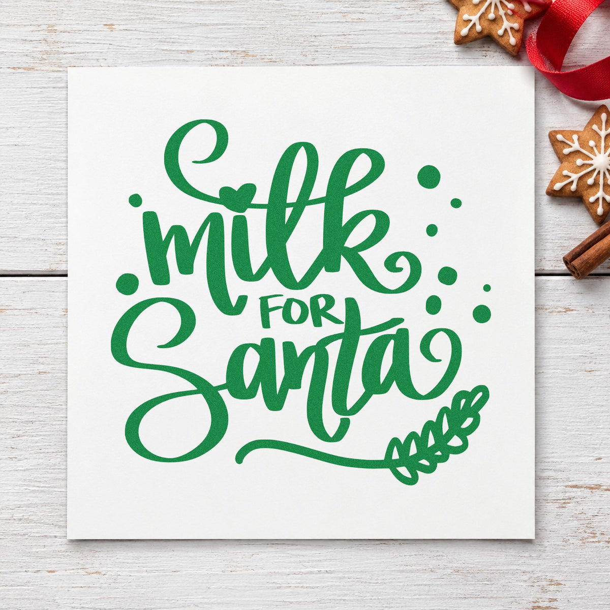 Milk For Santa craft stamp imprinted in green ink on paper, a design suited to mince pie seals.