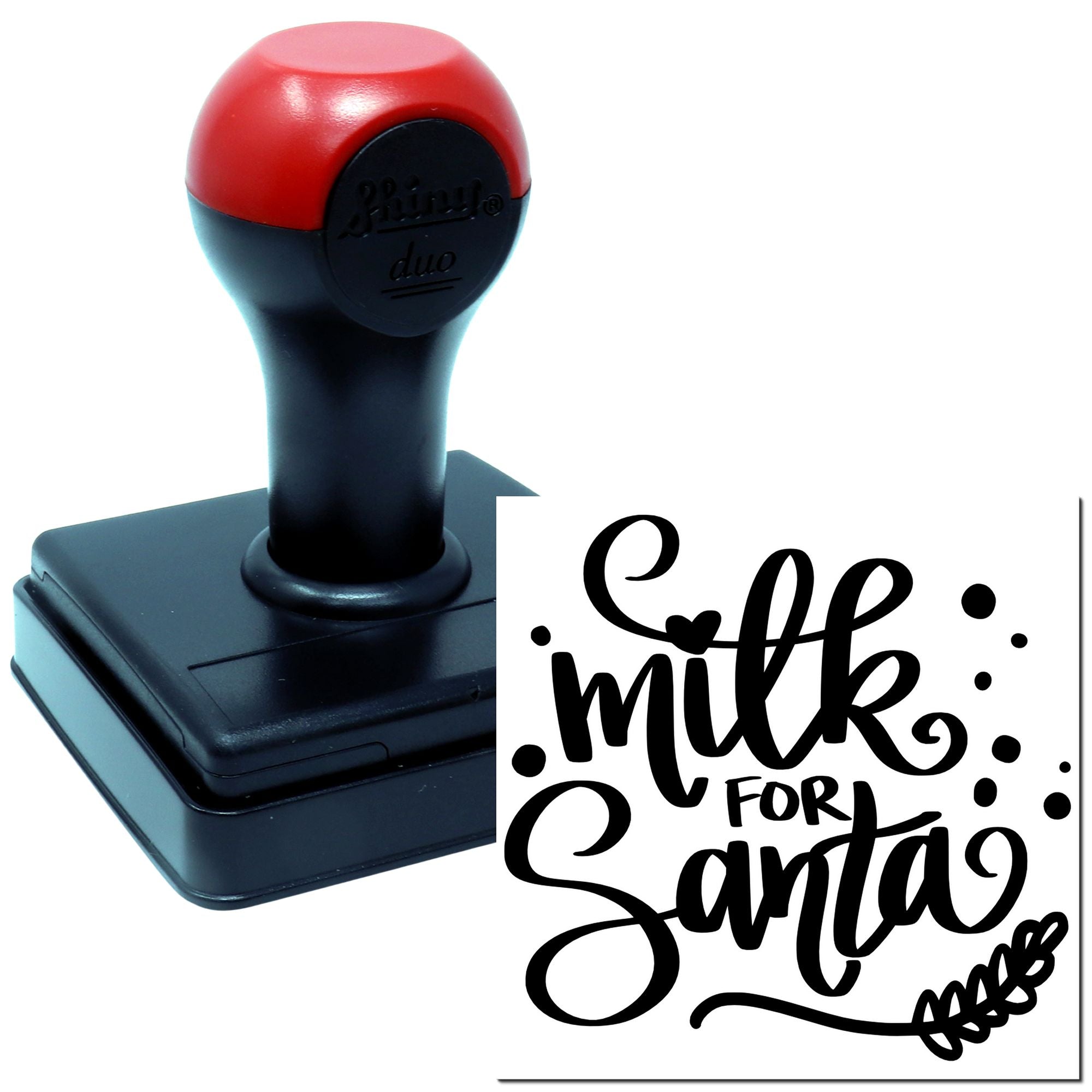 Self-inking rubber stamp with milk for Santa imprint for Christmas cards, holiday crafts, and gift tags.