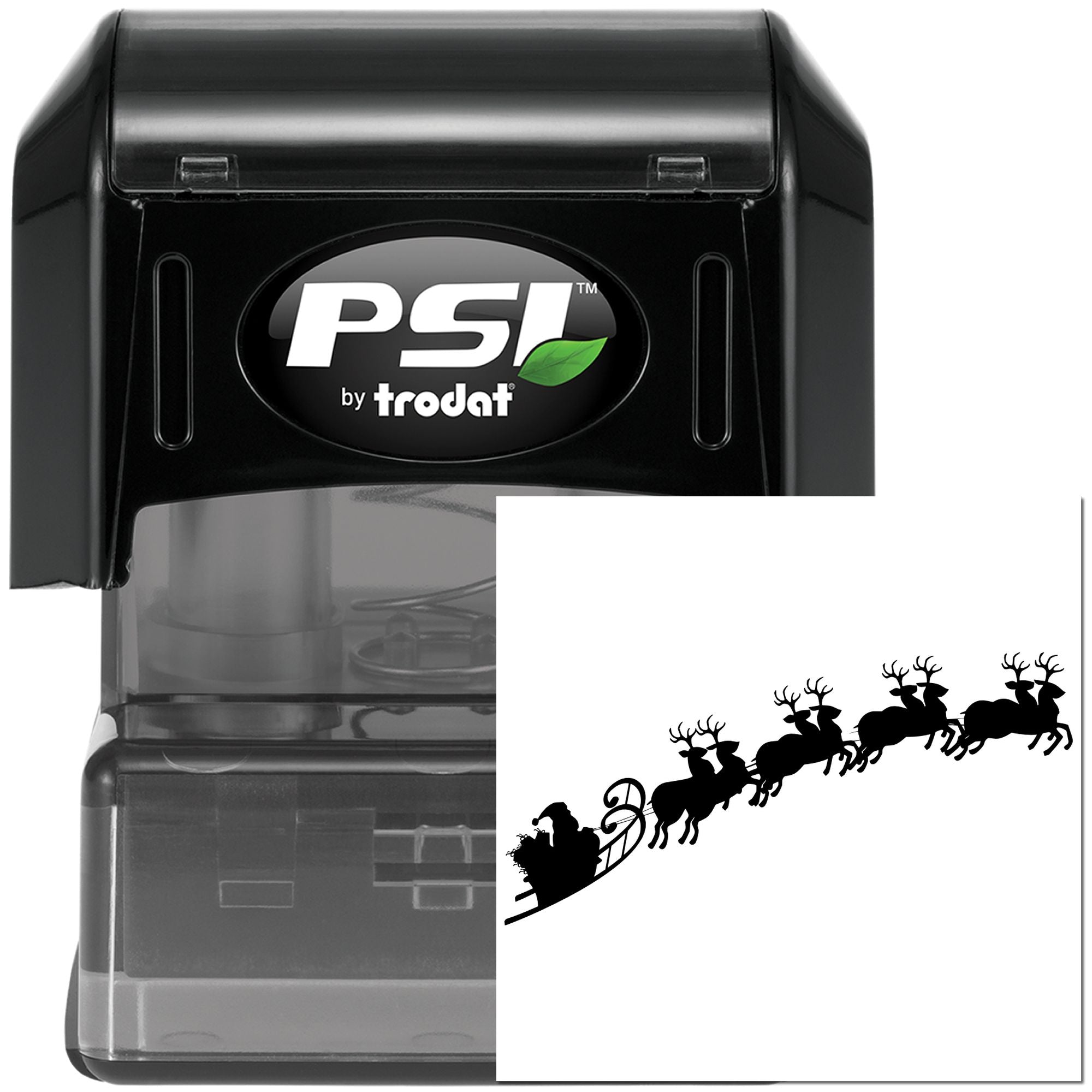 PSI by Trodat self-inking rubber stamp with Santa sleigh and reindeer holiday design for Christmas cards and crafts