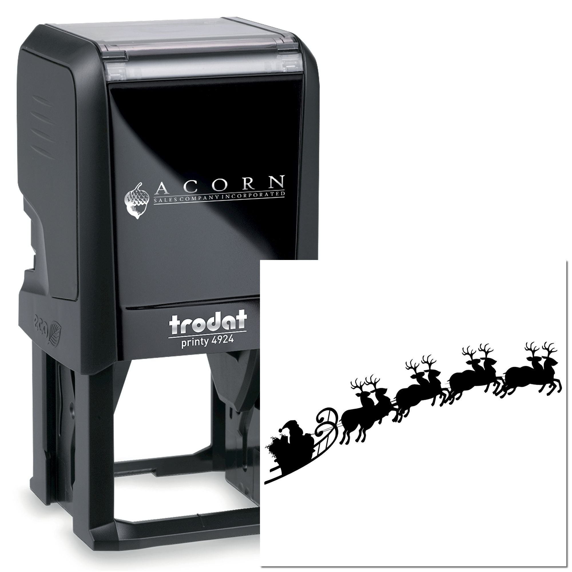 Custom self-inking rubber stamp, Trodat Printy 4924, with holiday Santa sleigh logo imprint for business branding.