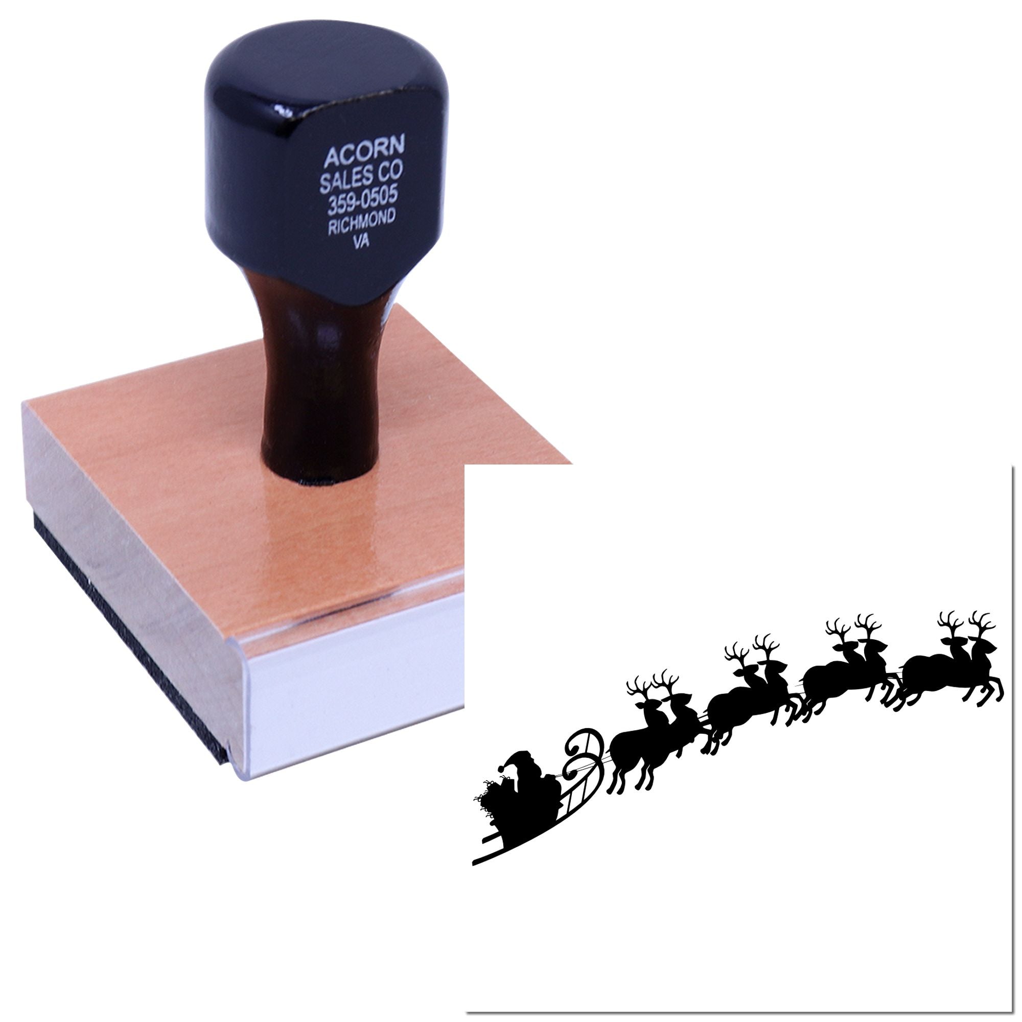 Custom rubber stamp with Santas sleigh and reindeer design for holiday cards, crafts, and festive branding.