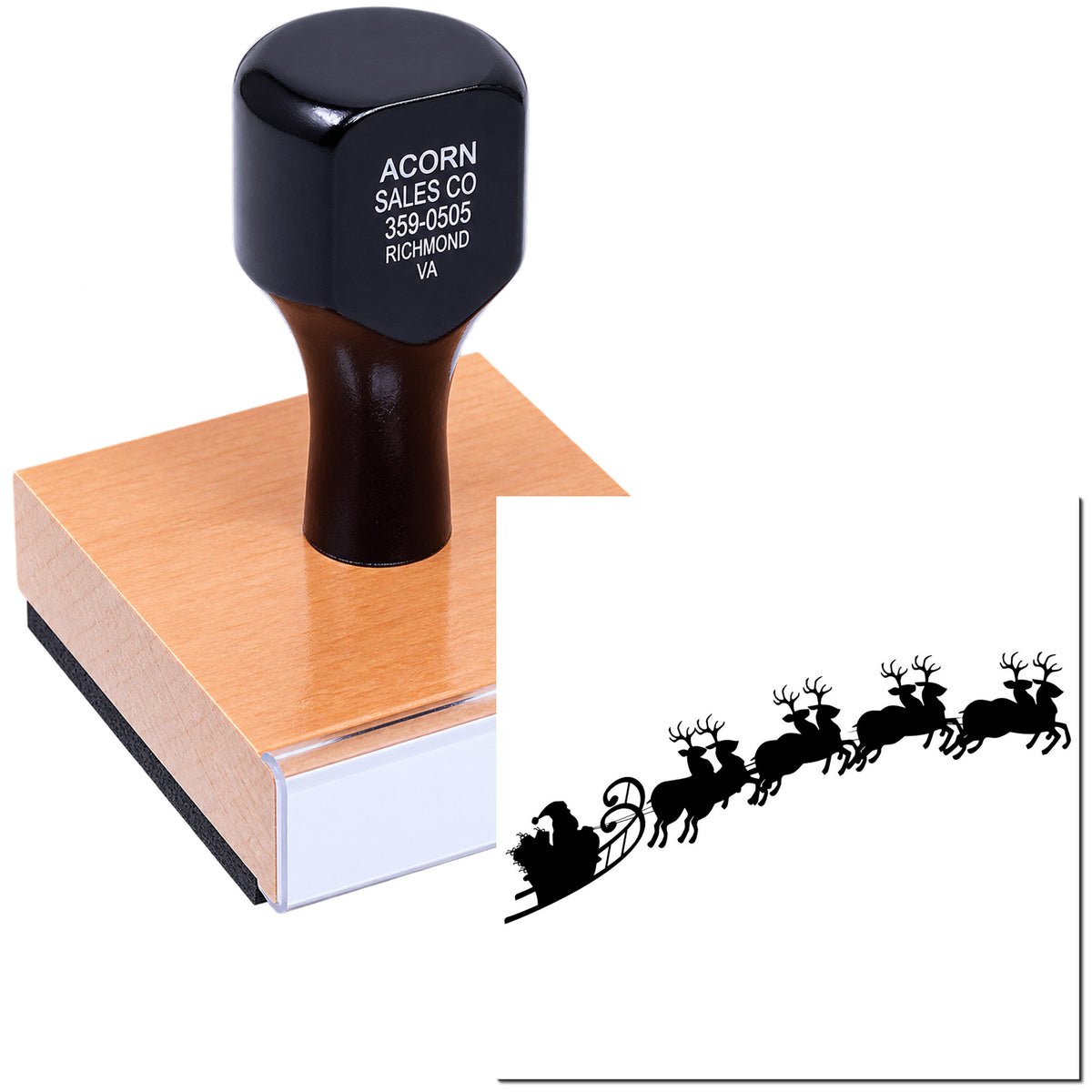 Custom rubber stamp with Santas sleigh and reindeer design for holiday cards, crafts, and festive branding.