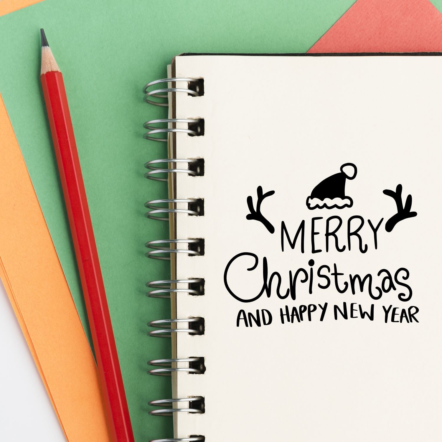 Holiday rubber stamp design with Merry Christmas and Happy New Year text for cards, planners, and festive craft projects.