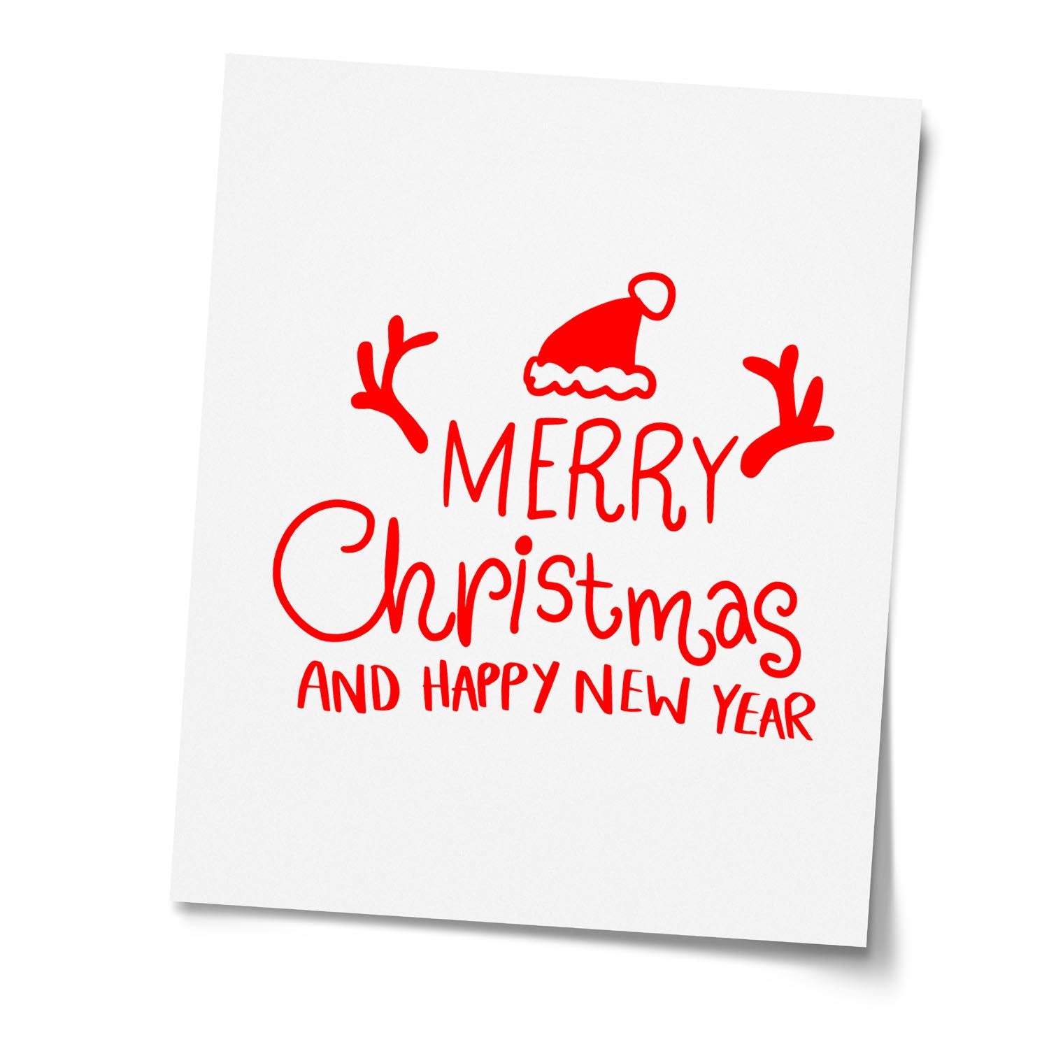 Merry Christmas and Happy New Year rubber stamp with Santa hat and reindeer antlers for festive holiday greetings.