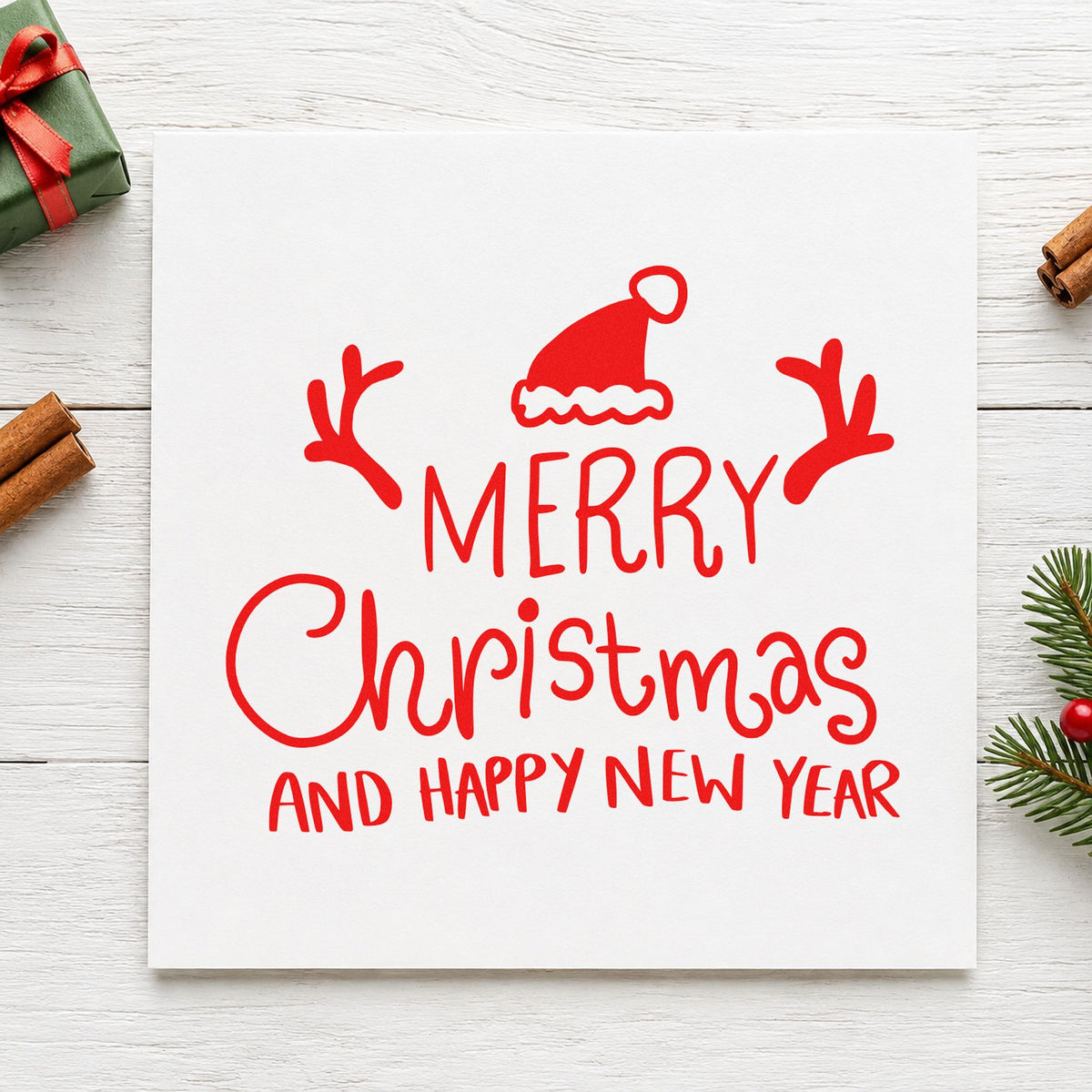 Merry Christmas Happy New Year craft stamp in red ink on cardstock, an easy option for table runner panels.