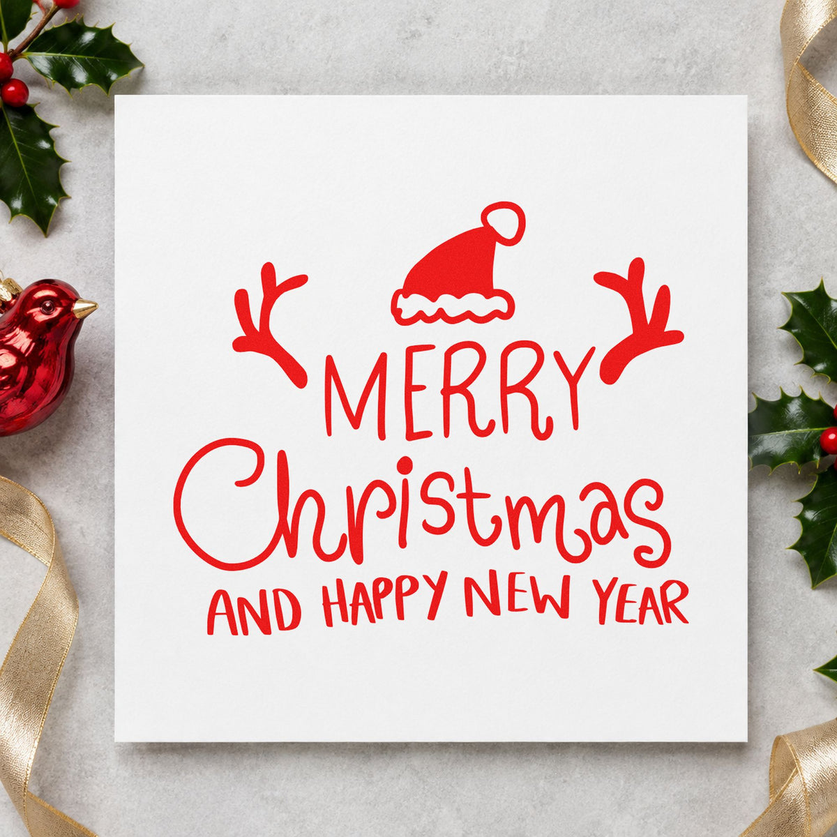 Merry Christmas Happy New Year rubber stamp shown in red ink, stamped for projects such as new year notes.