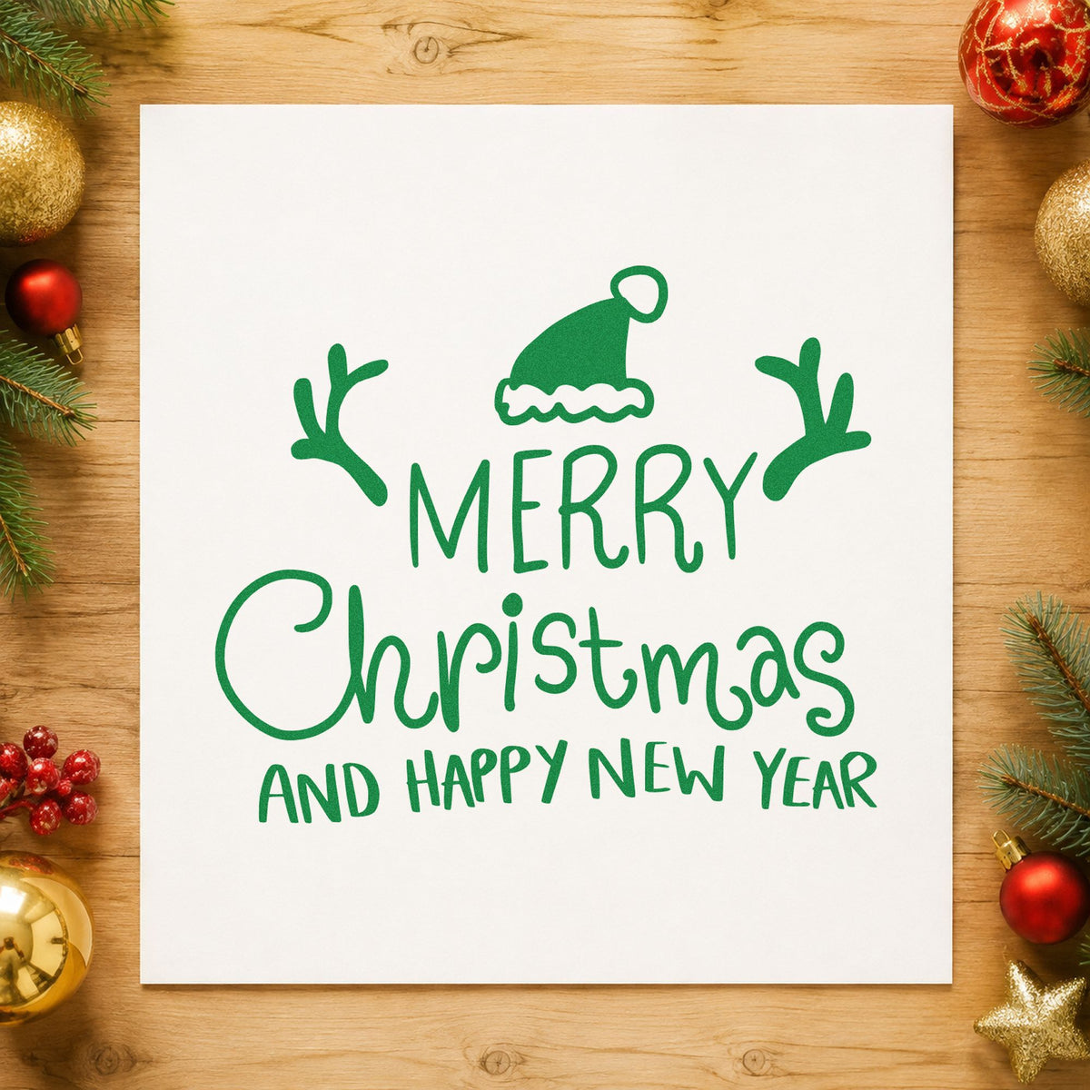 Merry Christmas Happy New Year craft stamp imprint in green ink on a handmade project, one idea being framed hall console.