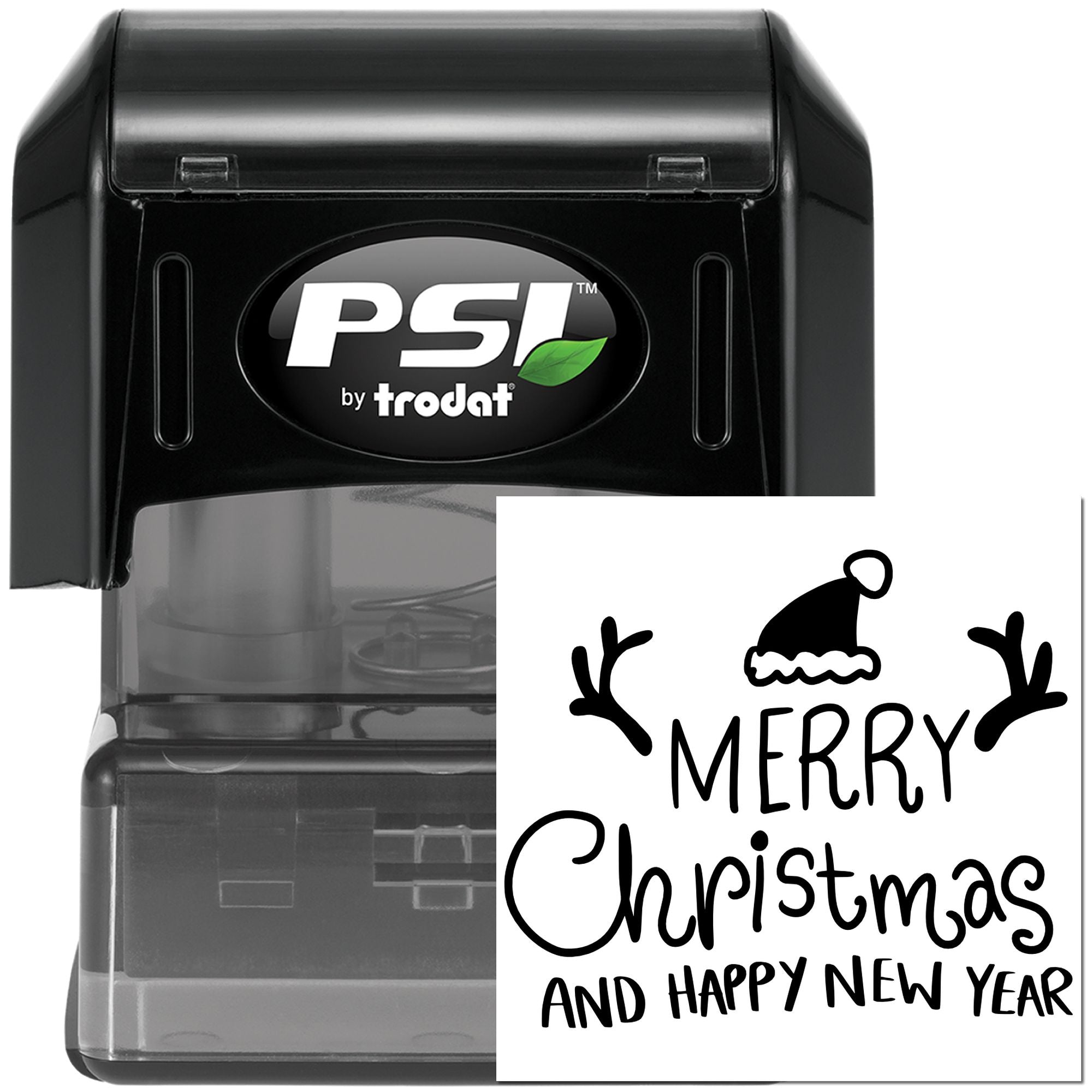 PSI by Trodat self-inking custom Christmas rubber stamp with Merry Christmas and Happy New Year holiday message.