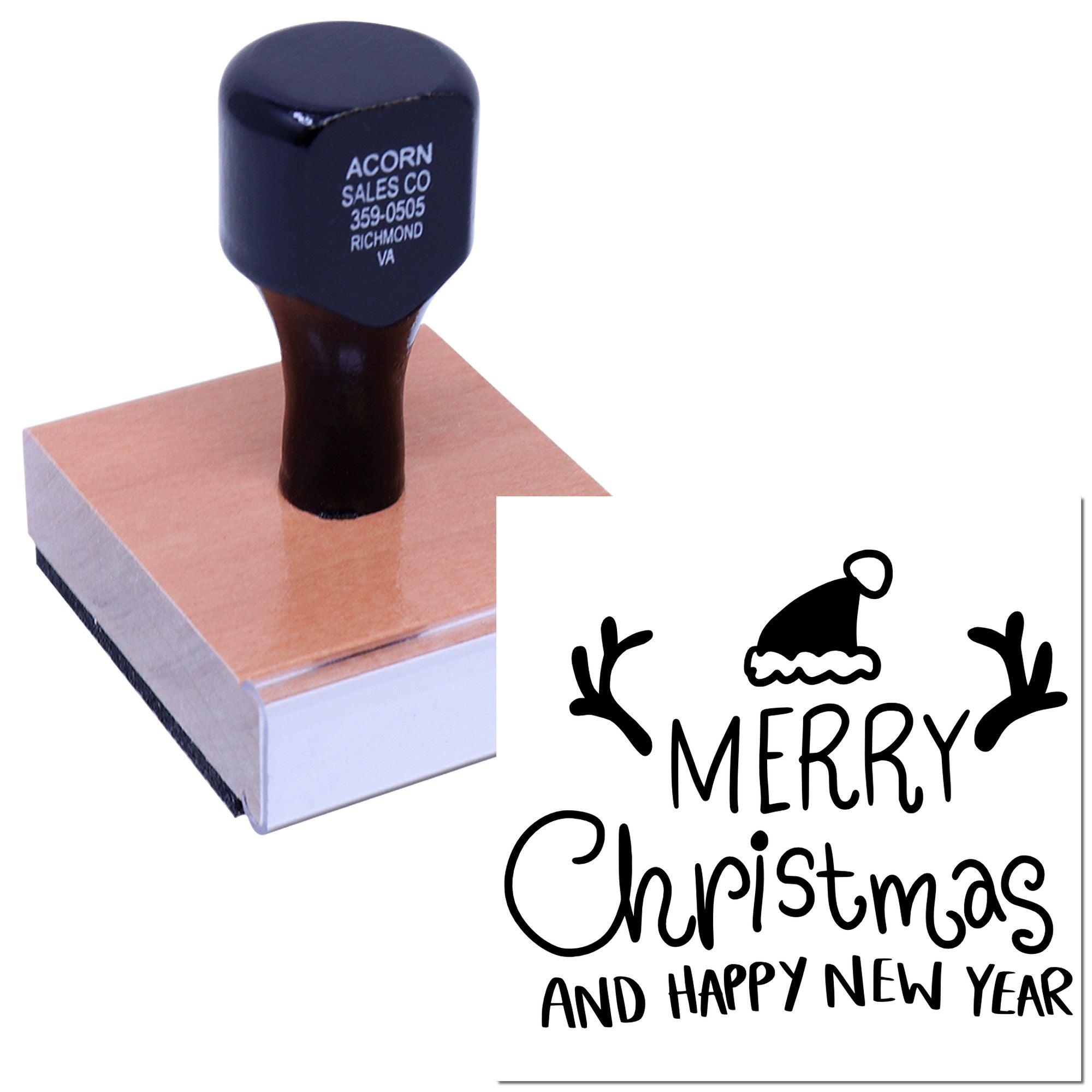 Custom Merry Christmas and Happy New Year rubber stamp for holiday cards, packaging, and seasonal business branding.