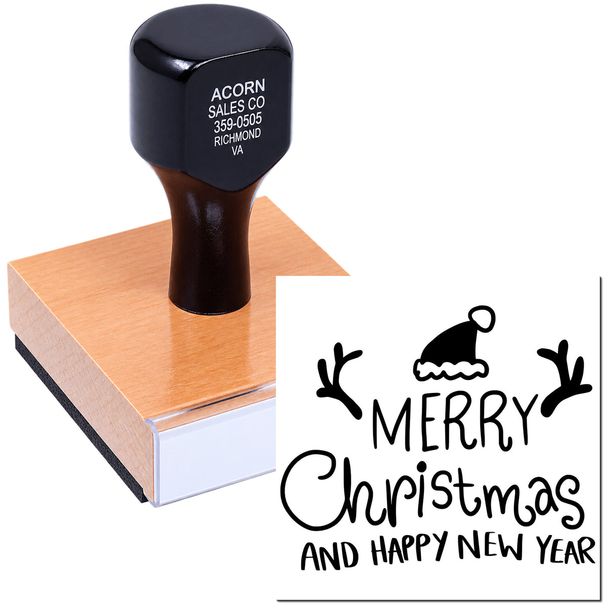 Custom Merry Christmas and Happy New Year rubber stamp for holiday cards, packaging, and seasonal business branding.