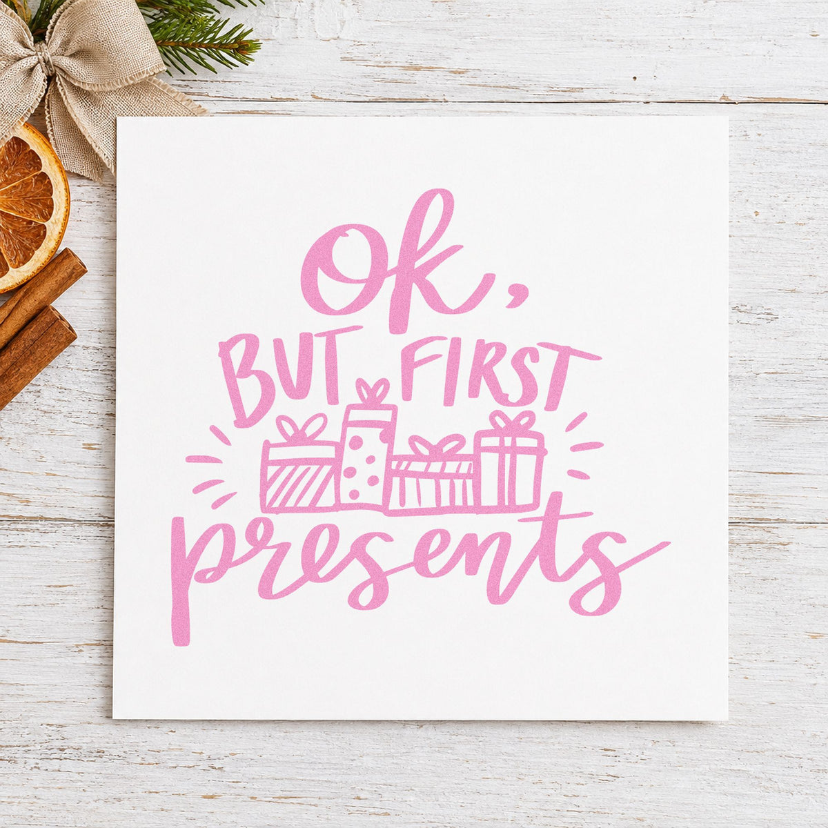 Ok But First Presents craft stamp in purple ink on cardstock, an easy option for opening order tags.