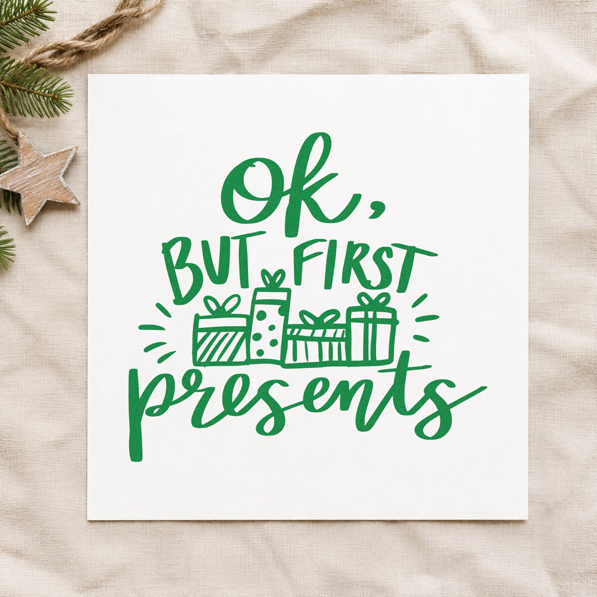 Ok But First Presents craft stamp imprint in green ink on a handmade project, one idea being wish list pages.