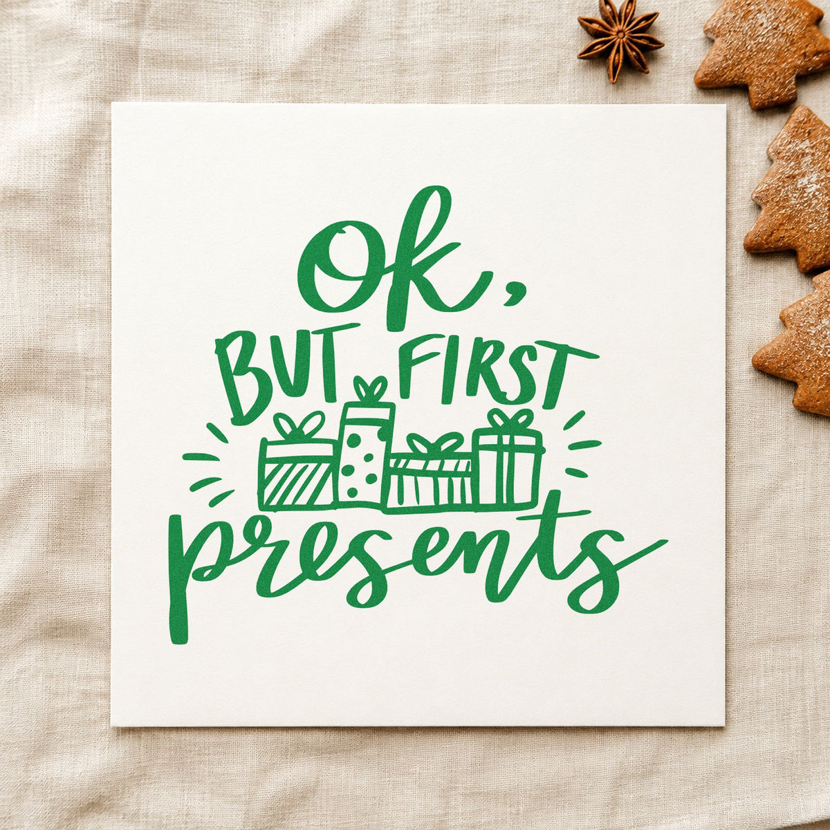 Ok But First Presents craft stamp imprint in green ink on a handmade project, one idea being framed tree base.