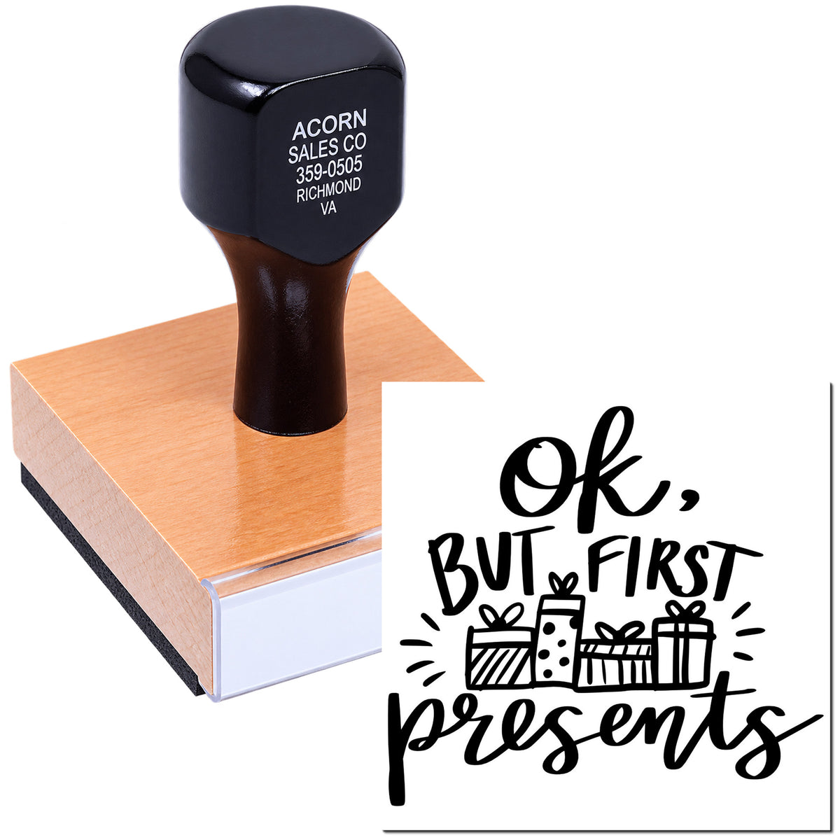 Custom rubber stamp for Ok, But First Presents branding, shown on a wooden block for handmade packaging.