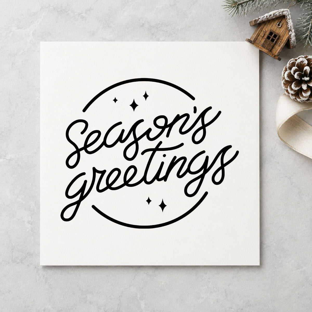 Season's Greetings Circle rubber stamp printed in black ink, ready for curved border cards and similar paper crafts.
