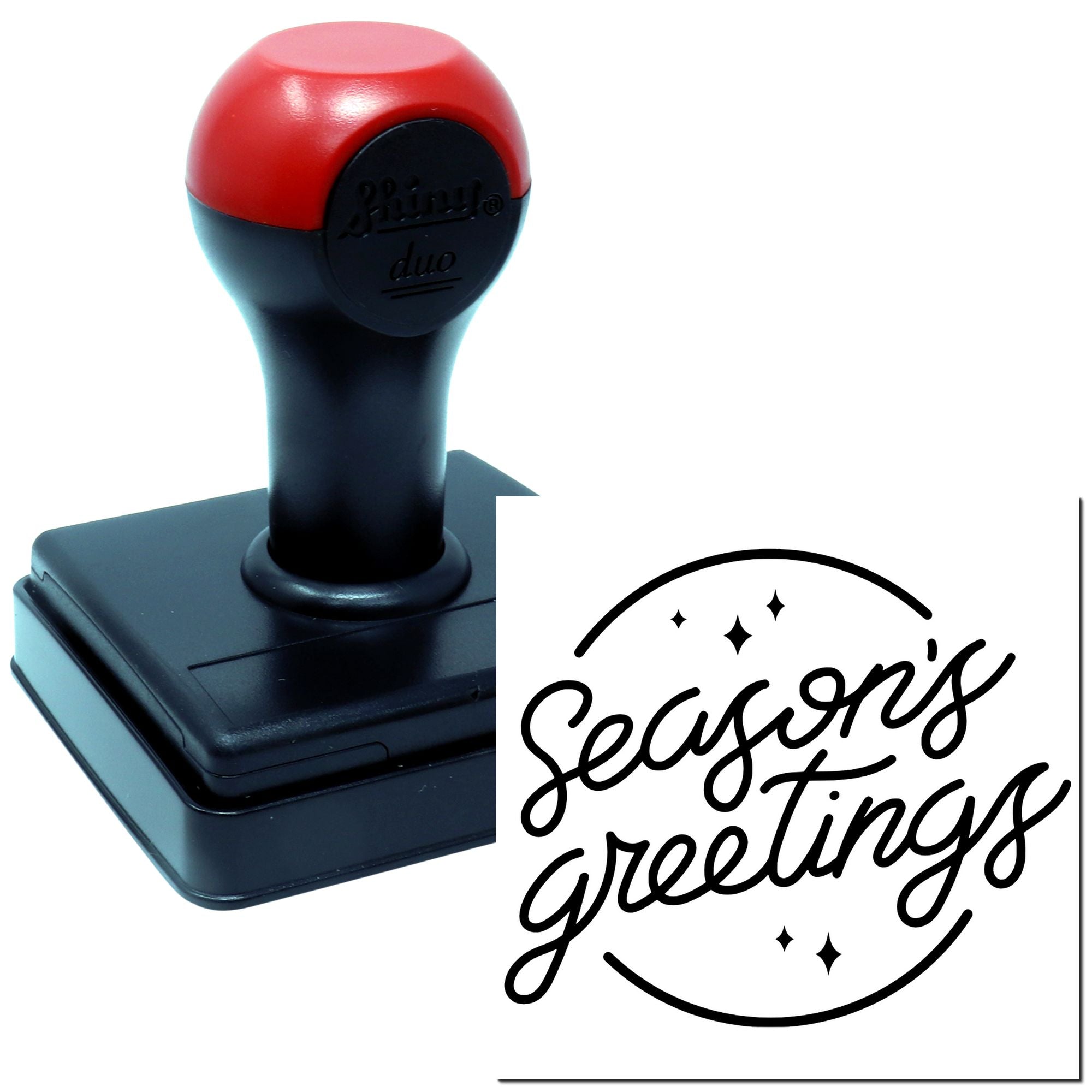 Seasons Greetings self-inking rubber stamp for holiday cards, crafts, and festive business mailings.