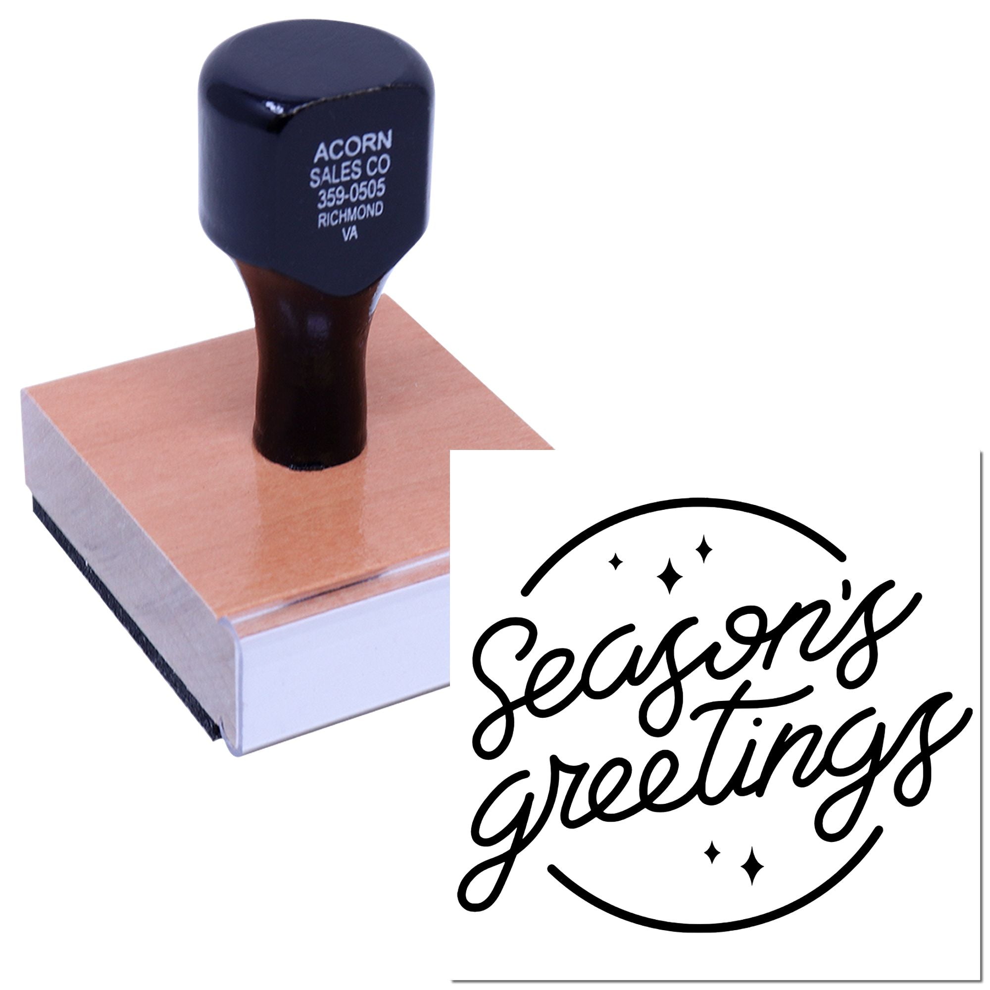 Custom rubber stamp with Seasons Greetings design for holiday cards, packaging, and festive business branding.