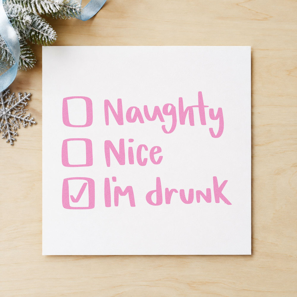Naughty Nice I'm Drunk craft stamp in purple ink on cardstock, an easy option for party invite tags.