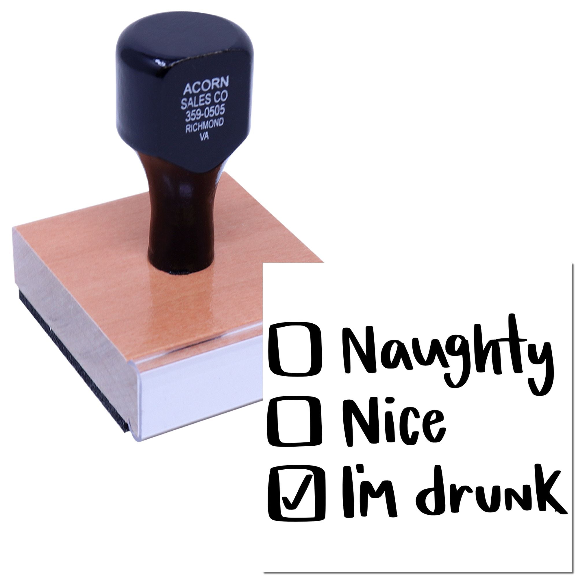 Humorous rubber stamp with Naughty, Nice, and Im drunk checklist design for party or holiday use