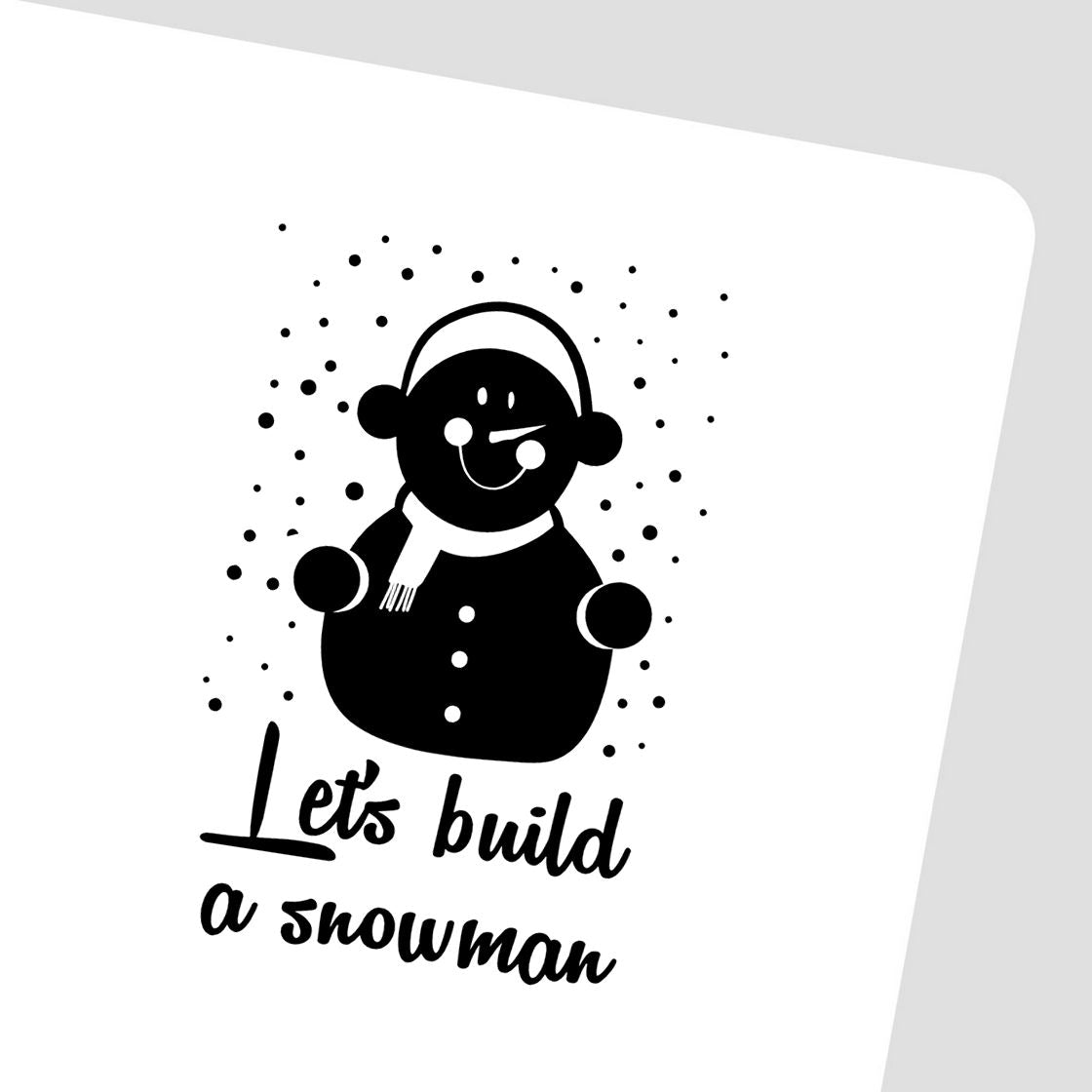 Lets build a snowman rubber stamp design with playful snowman illustration, ideal for winter craft cards and holiday projects.