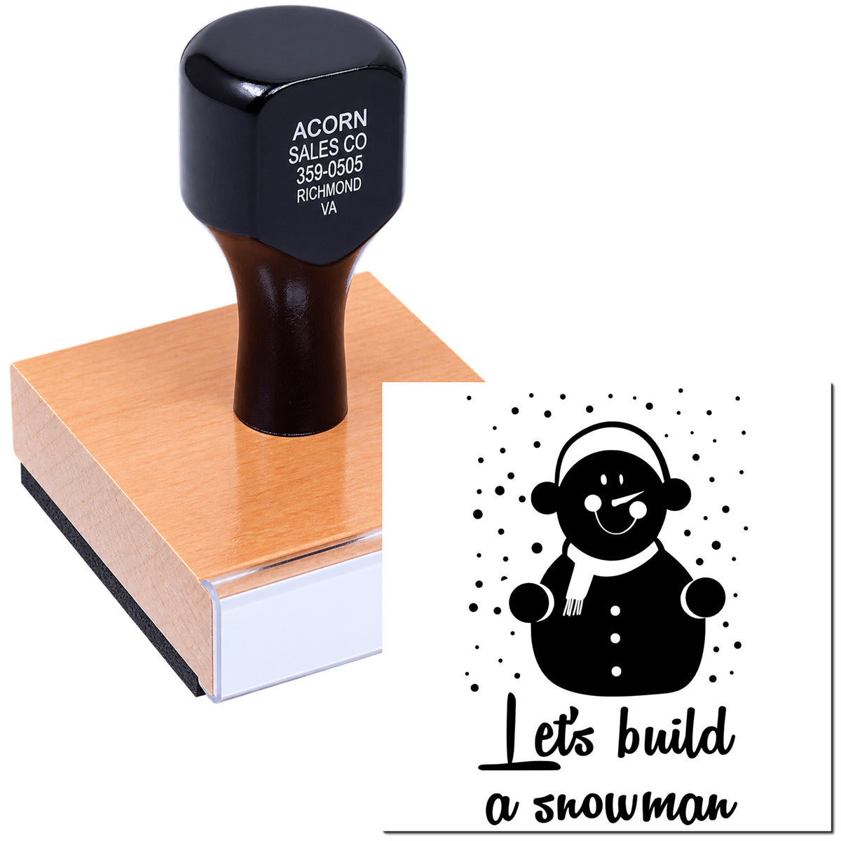Custom rubber stamp with Lets build a snowman design for holiday crafts, cards, and seasonal scrapbooking.