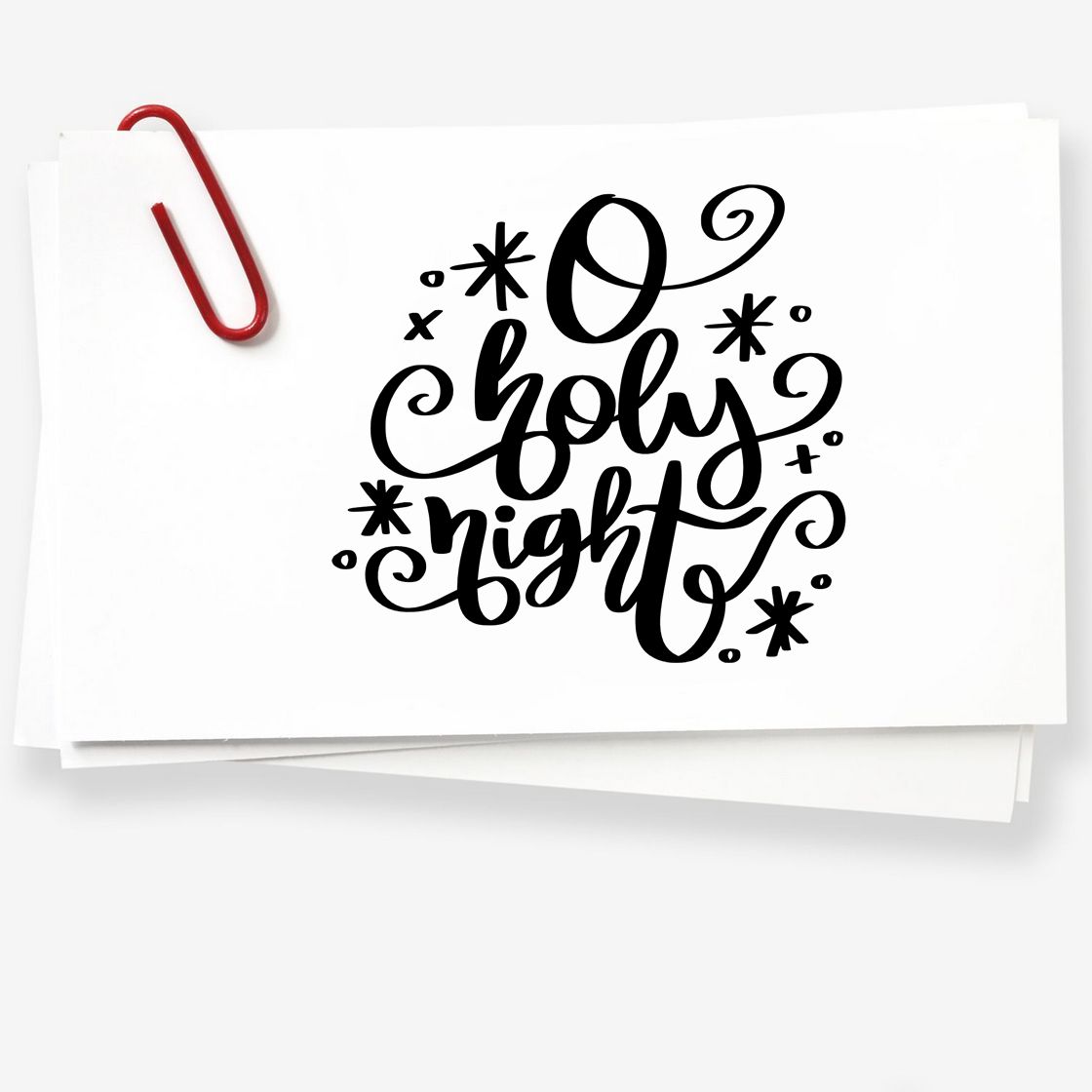 O Holy Night Stamp - Premium Vintage Pro Wooden imprint stamped in black ink. "O Holy Night" uses large looping script surrounded by stars, dots, and curls.
